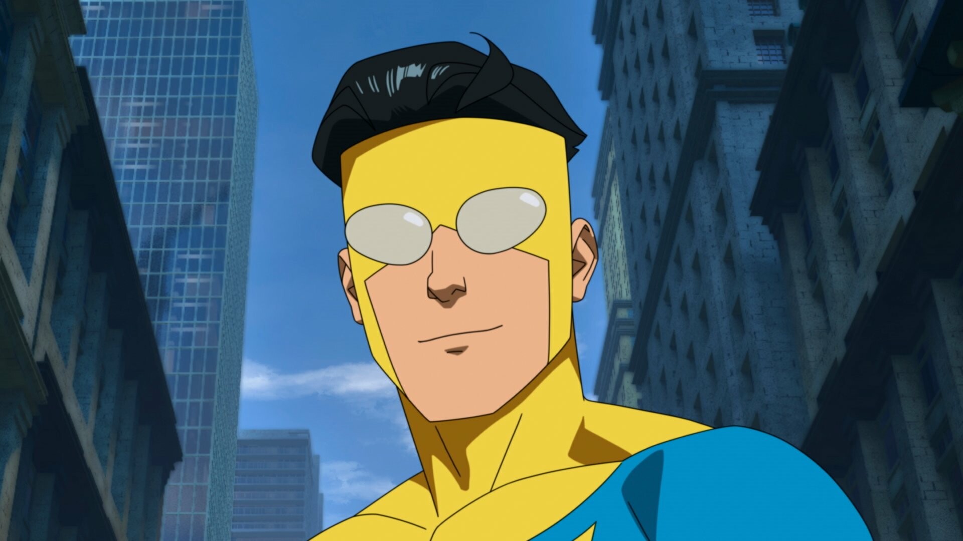 Mark Grayson Invincible, Yellow blue suit, City skyscrapers Mark Grayson Invincible, Yellow blue suit, City skyscrapers — 1920×1080 HD wallpaper