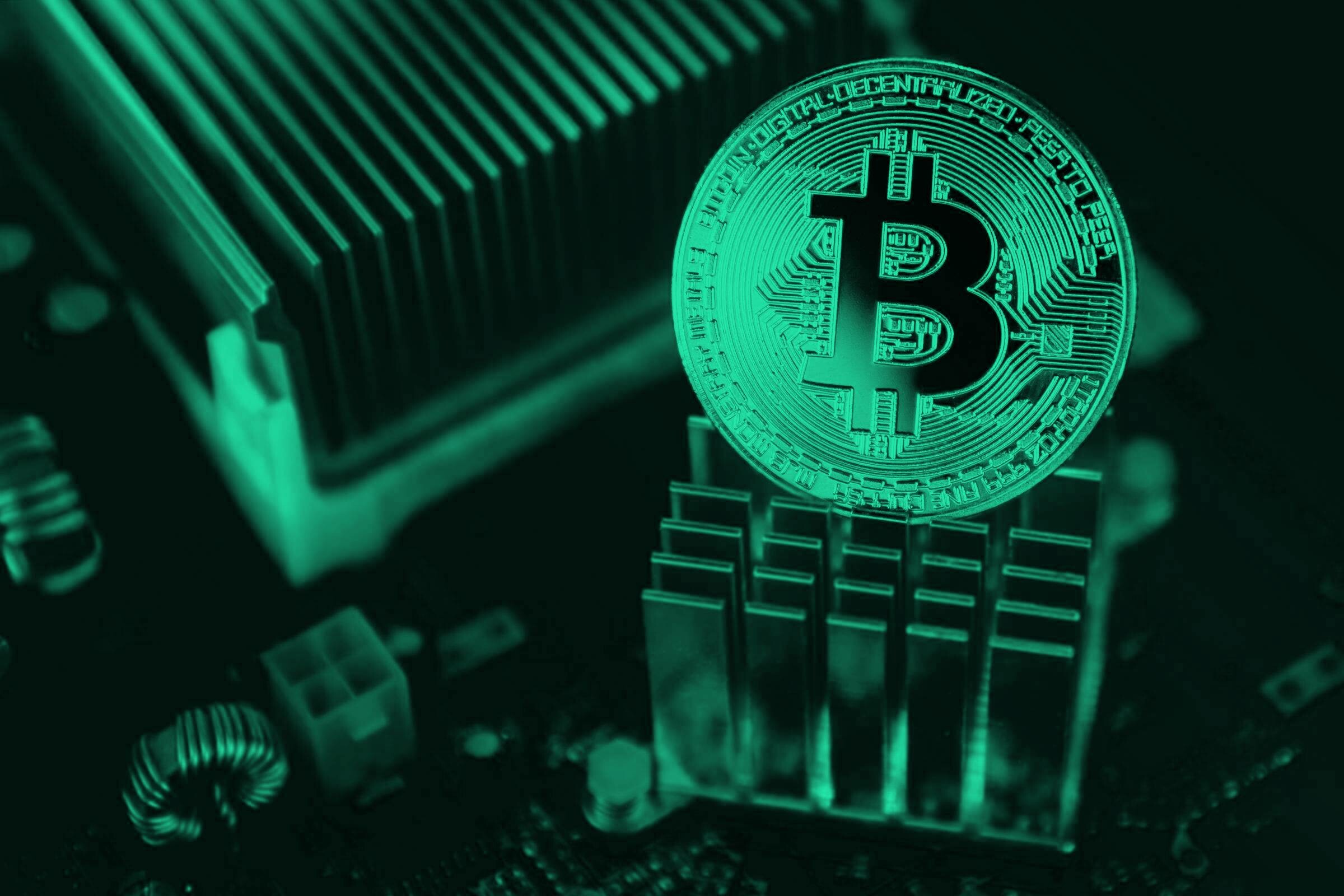 Bitcoin physical coin, CPU heatsink motherboard, Green cryptocurrency mining Bitcoin physical coin, CPU heatsink motherboard, Green cryptocurrency mining — 2400×1600 HD wallpaper