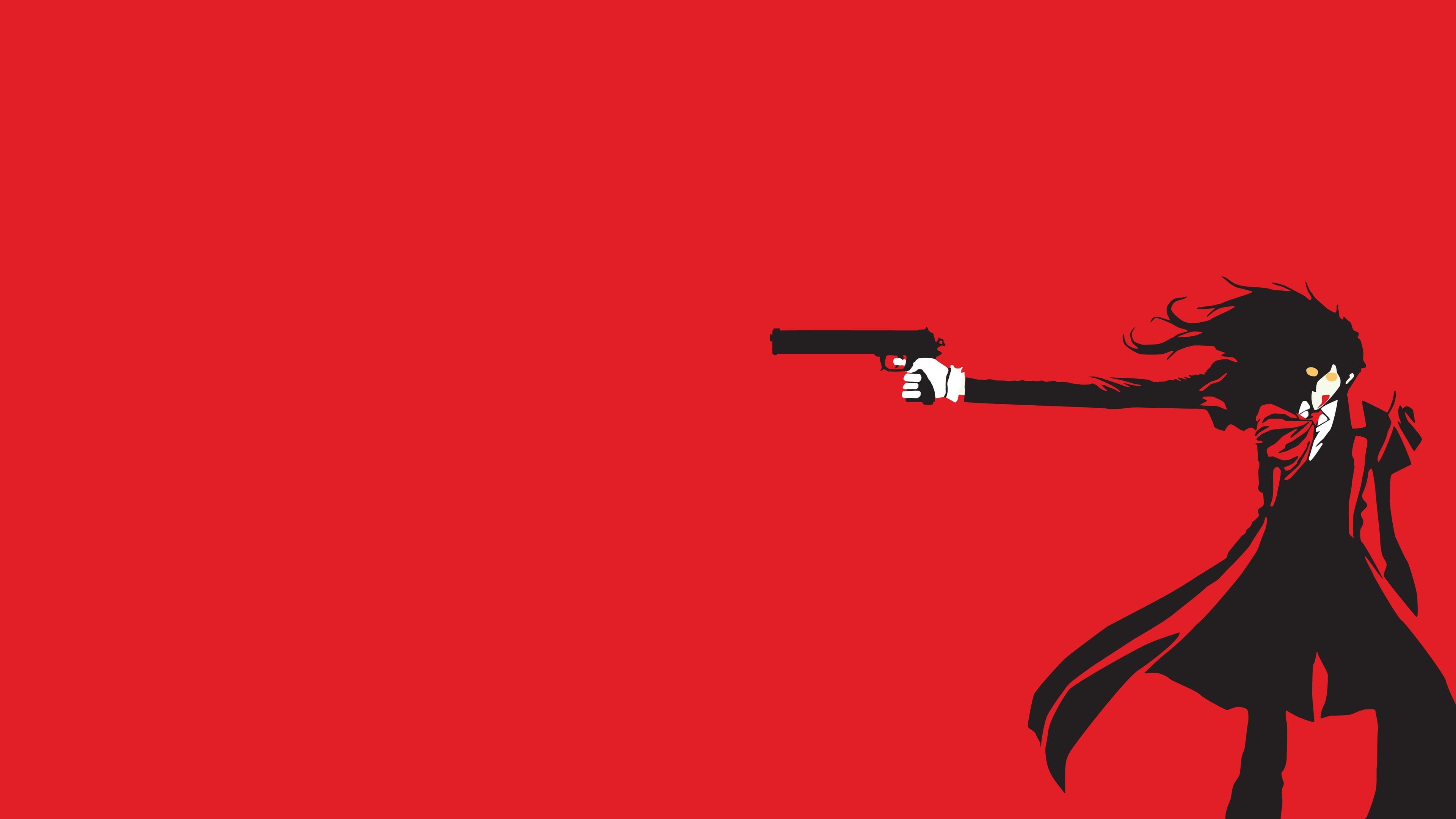 Alucard silhouette, Aimed handgun, Red minimalist backdrop Alucard silhouette, Aimed handgun, Red minimalist backdrop — 3840×2160 HD wallpaper