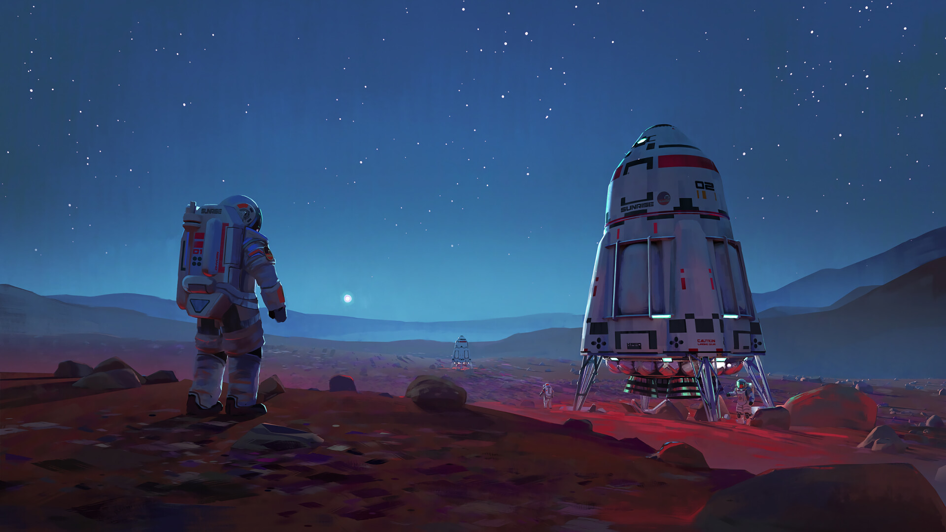 Astronaut in spacesuit, Landed Mars capsule, Red rocky terrain, Starry night sky Astronaut in spacesuit, Landed Mars capsule, Red rocky terrain, Starry night sky — 1920×1080 HD wallpaper