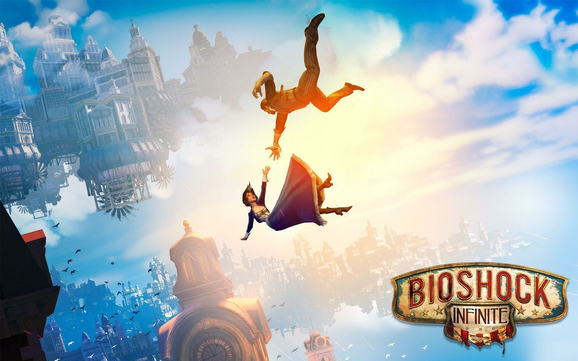 Bioshock Infinite logo, Booker and Elizabeth falling, Columbia floating city Bioshock Infinite logo, Booker and Elizabeth falling, Columbia floating city — 1920×1200 HD wallpaper