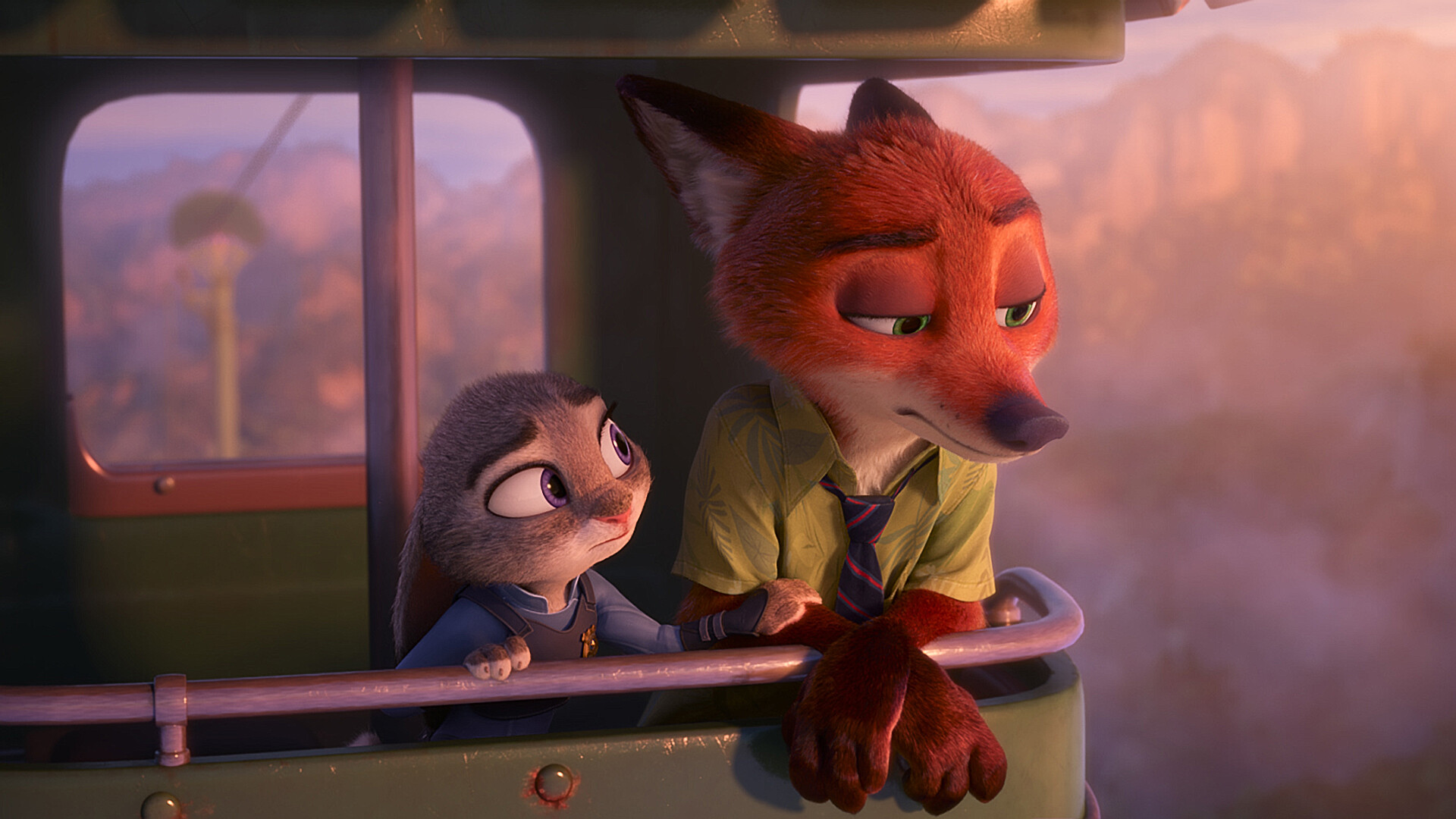 Nick Wilde, Judy Hopps, Aerial gondola cabin, Sunset glow Nick Wilde, Judy Hopps, Aerial gondola cabin, Sunset glow — 1920×1080 HD wallpaper