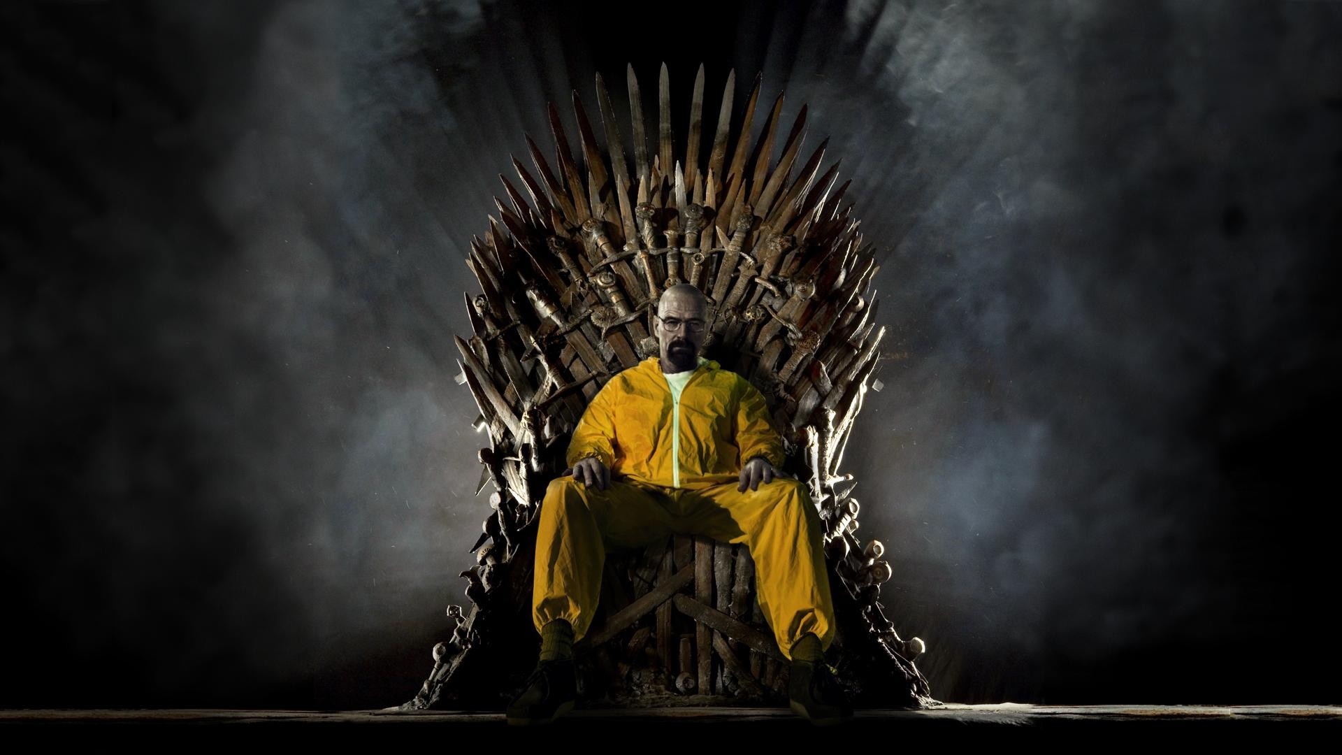 Walter White, Yellow hazmat suit, Iron Throne, Smoky dark backdrop Walter White, Yellow hazmat suit, Iron Throne, Smoky dark backdrop — 1920×1080 HD wallpaper