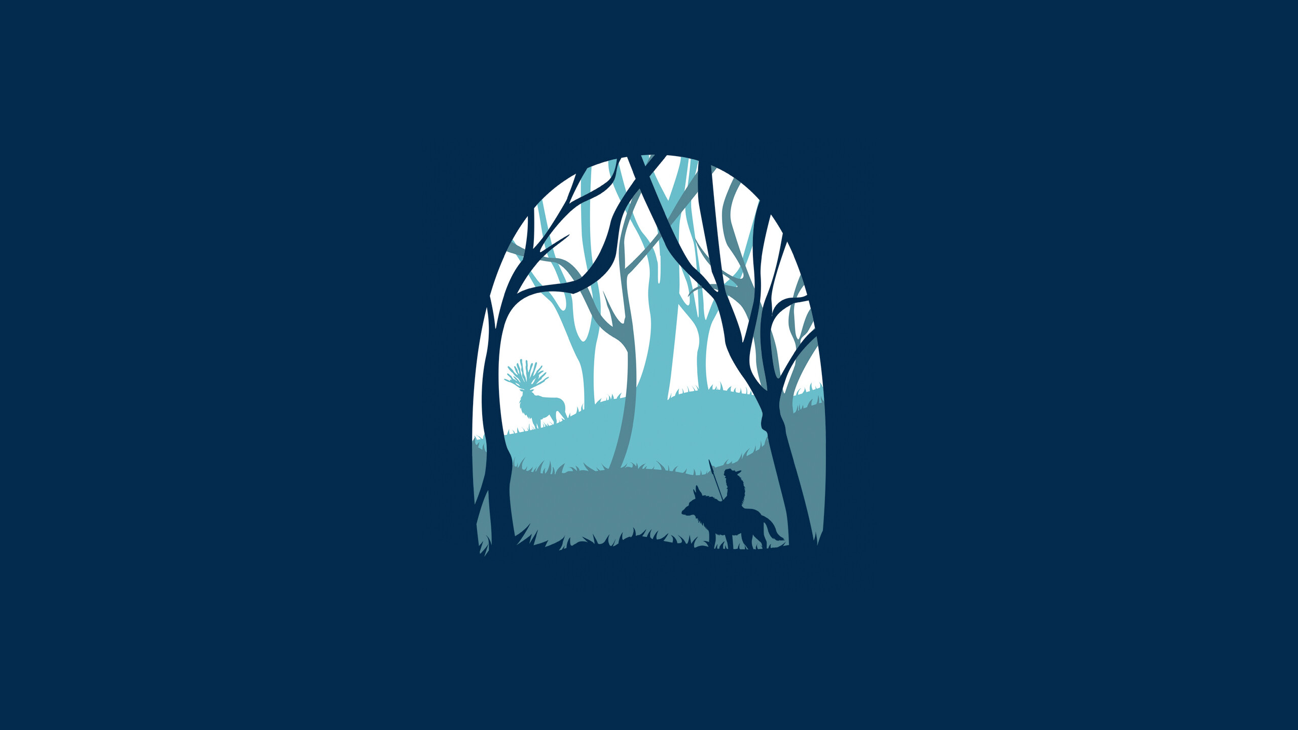 Forest Spirit silhouette, San riding Moro, Minimalist blue forest Forest Spirit silhouette, San riding Moro, Minimalist blue forest — 2560×1440 HD wallpaper