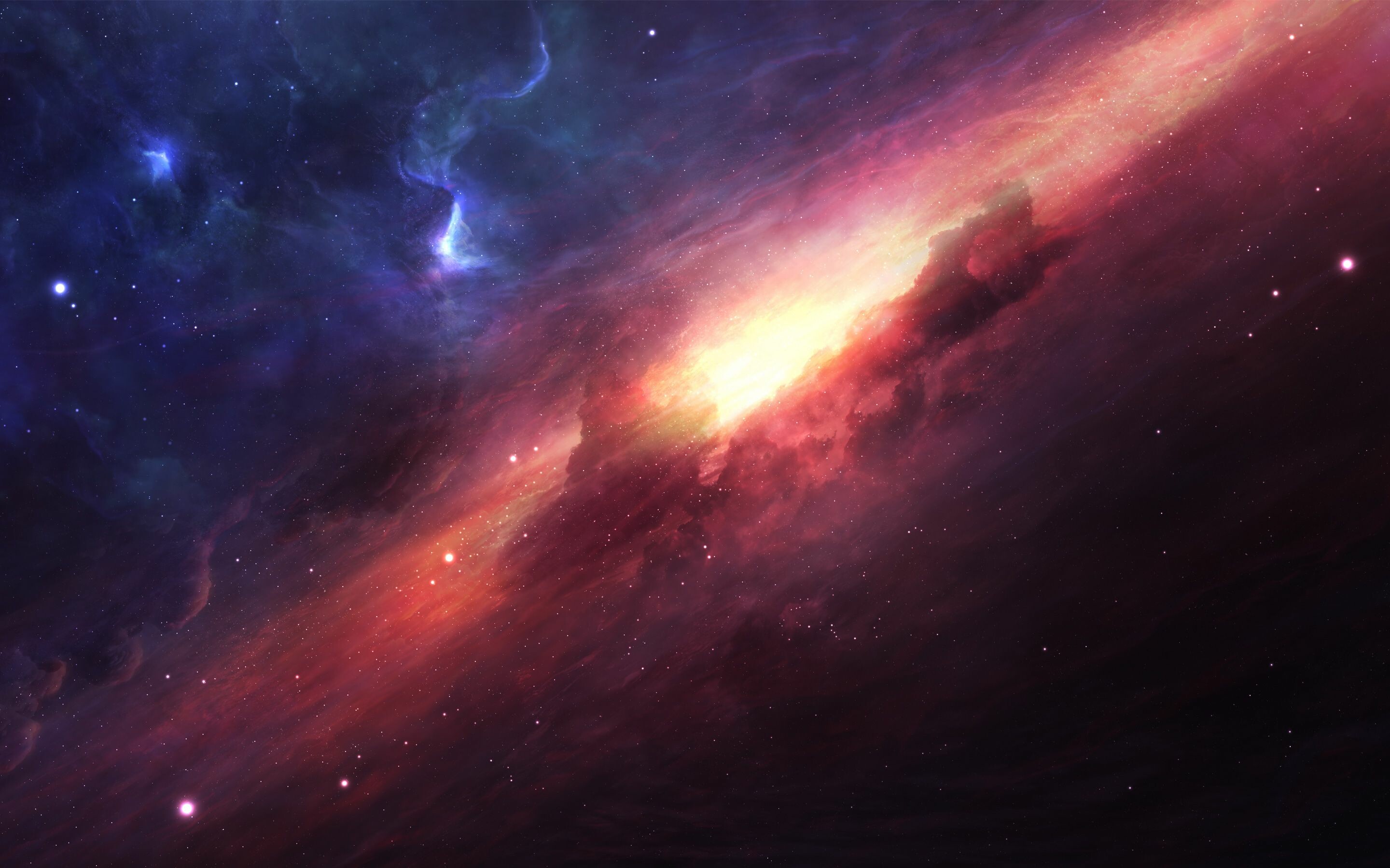 Tilted galaxy disk, Glowing orange core, Purple nebula wisps Tilted galaxy disk, Glowing orange core, Purple nebula wisps — 2880×1800 HD wallpaper