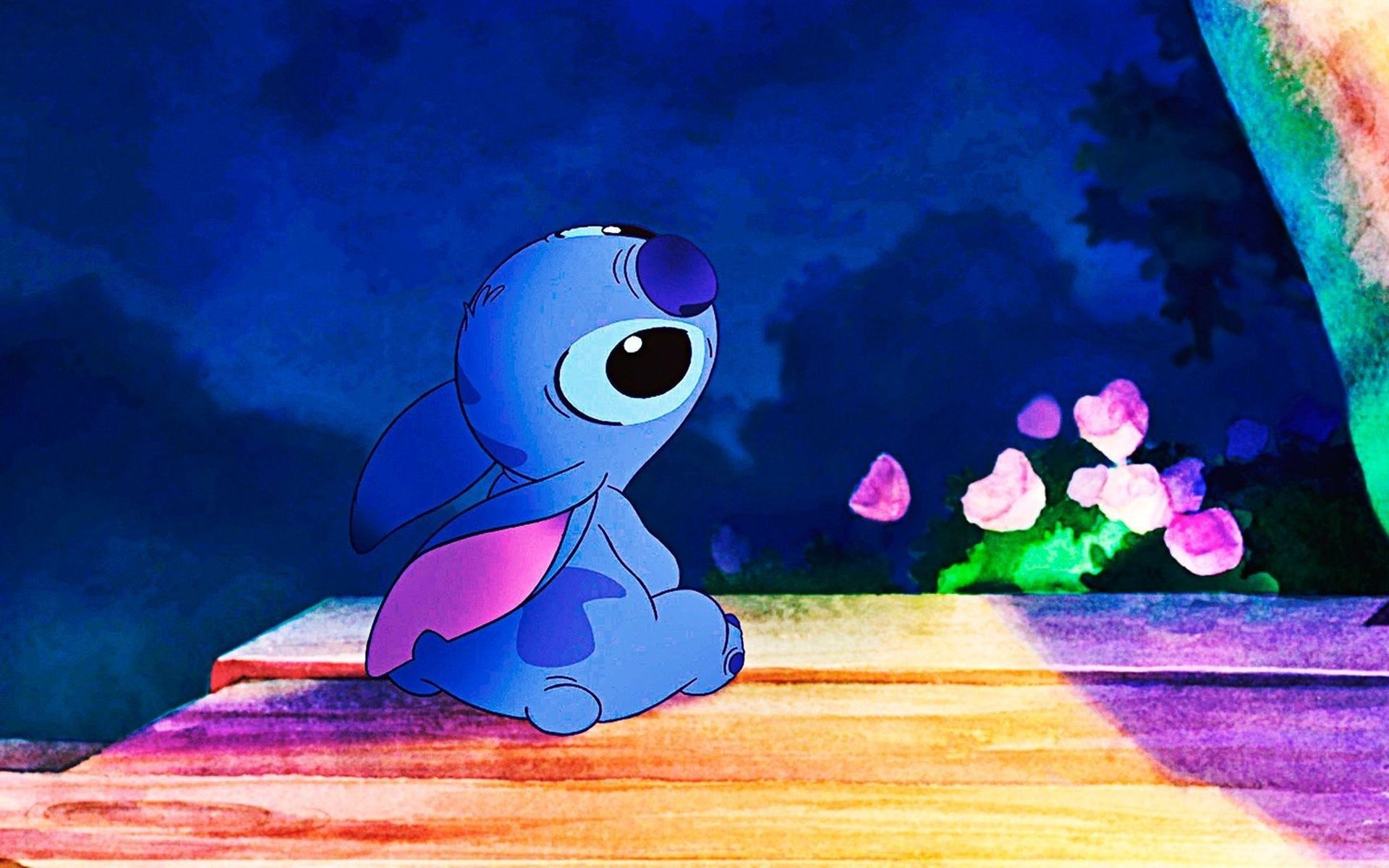 Stitch sitting alone, Pink tropical flowers, Moonlit night sky Stitch sitting alone, Pink tropical flowers, Moonlit night sky — 1920×1200 HD wallpaper