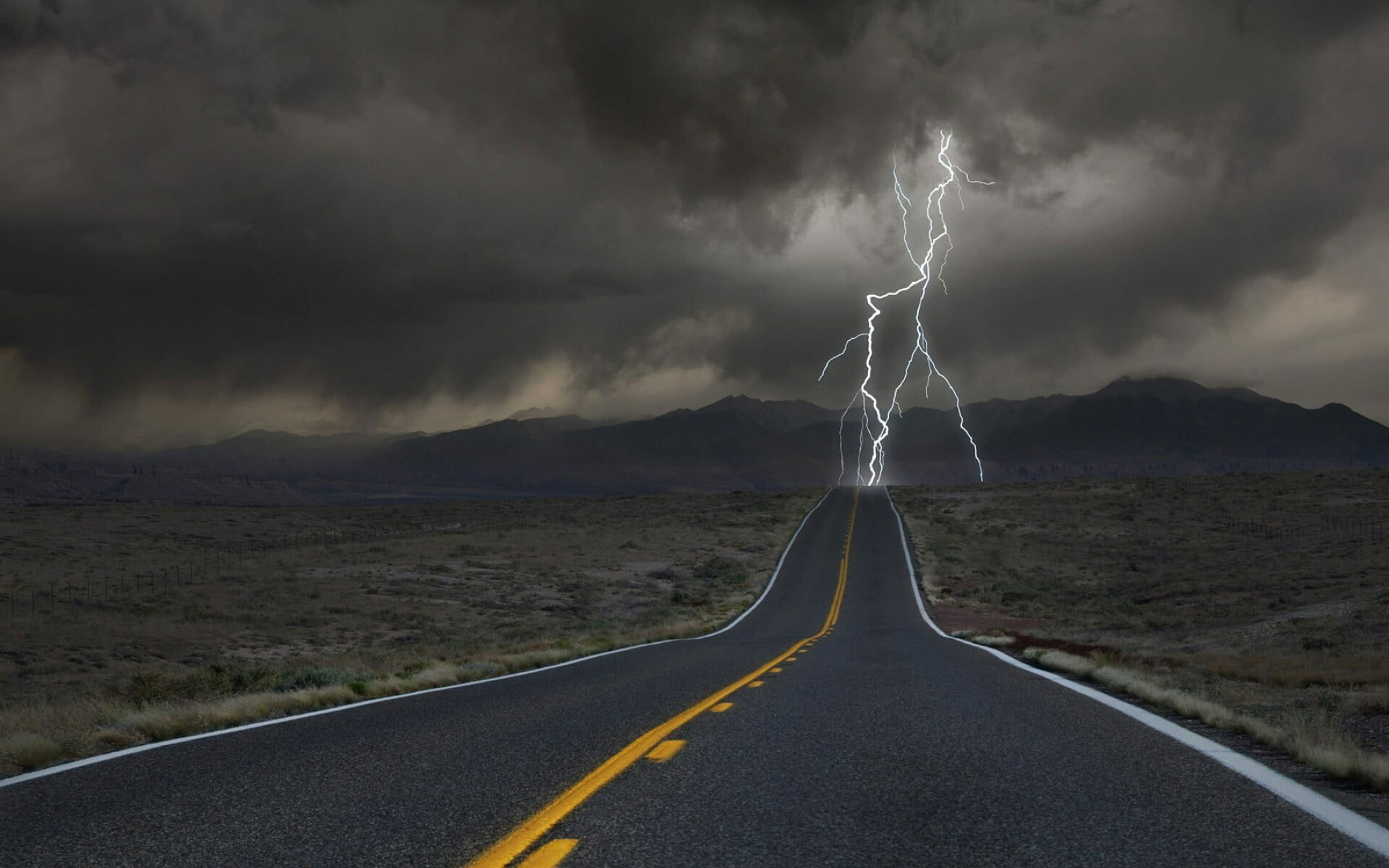 Lightning bolt strike, Desert highway vanishing point, Dark storm clouds Lightning bolt strike, Desert highway vanishing point, Dark storm clouds — 1920×1200 HD wallpaper