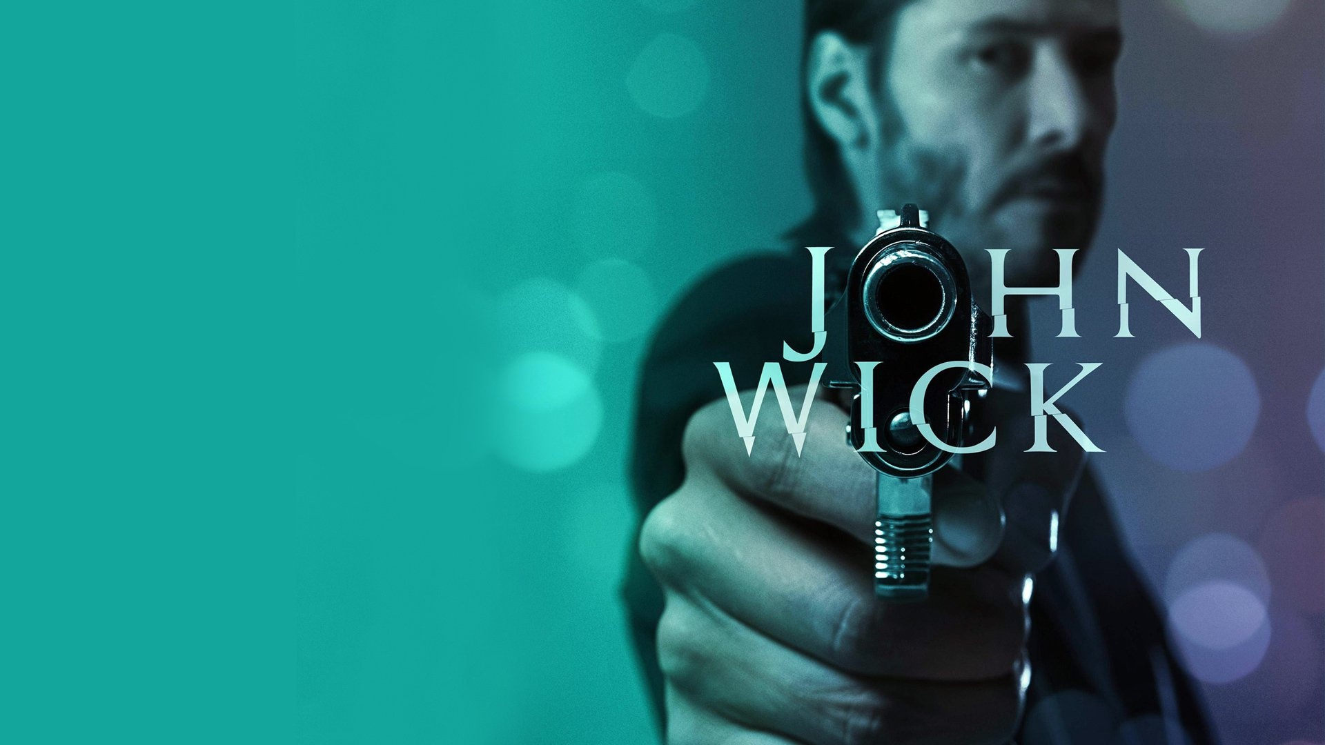 Keanu Reeves John Wick, Pistol aimed forward, John Wick title text, Teal green backdrop Keanu Reeves John Wick, Pistol aimed forward, John Wick title text, Teal green backdrop — 1920×1080 HD wallpaper