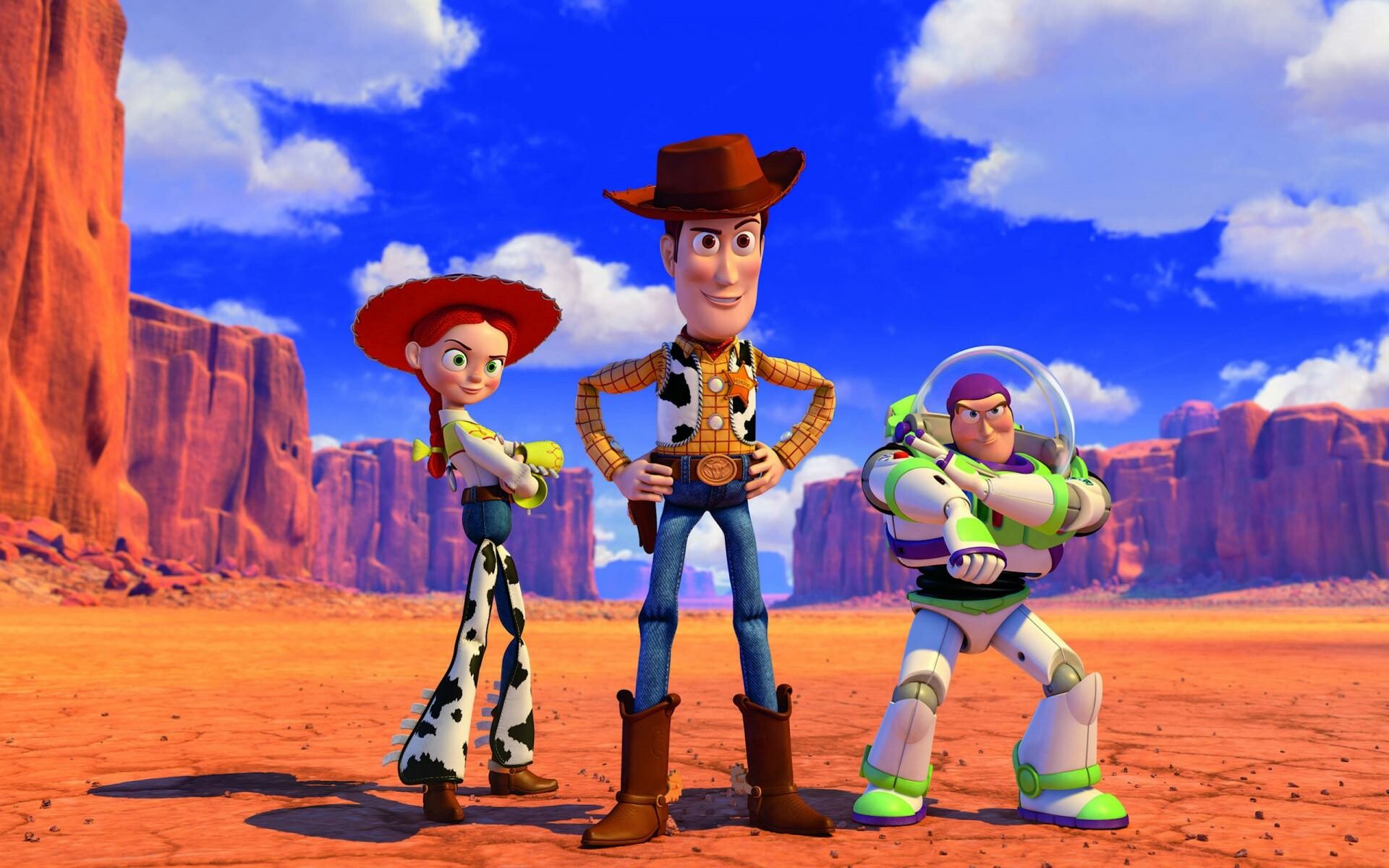 Woody cowboy toy, Jessie cowgirl, Buzz Lightyear spaceman, Desert canyon mesa — 1920×1200 HD wallpaper