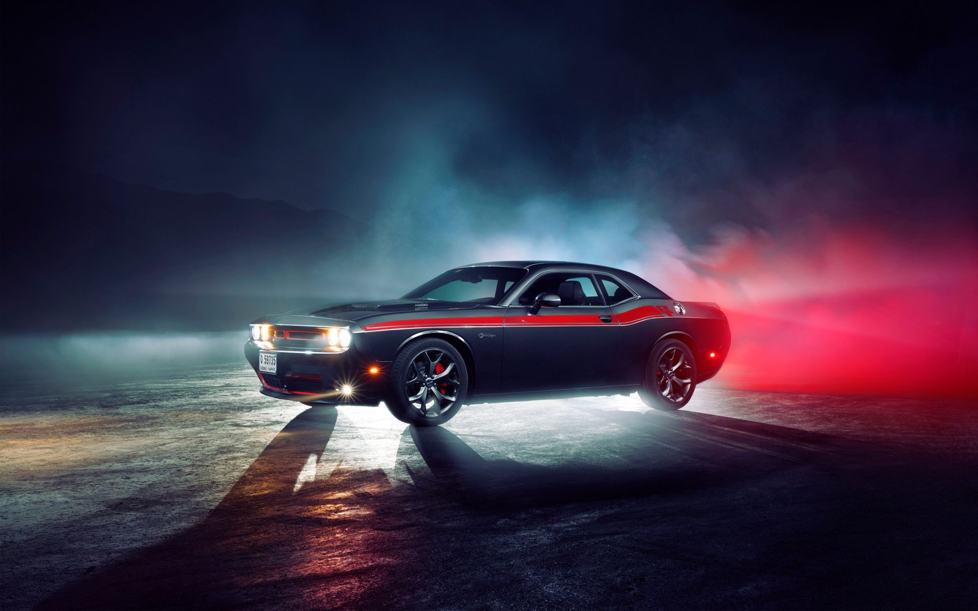 Dodge Challenger R/T, Black red-striped muscle car, Dark studio smoke Dodge Challenger R/T, Black red-striped muscle car, Dark studio smoke — 1920×1200 HD wallpaper