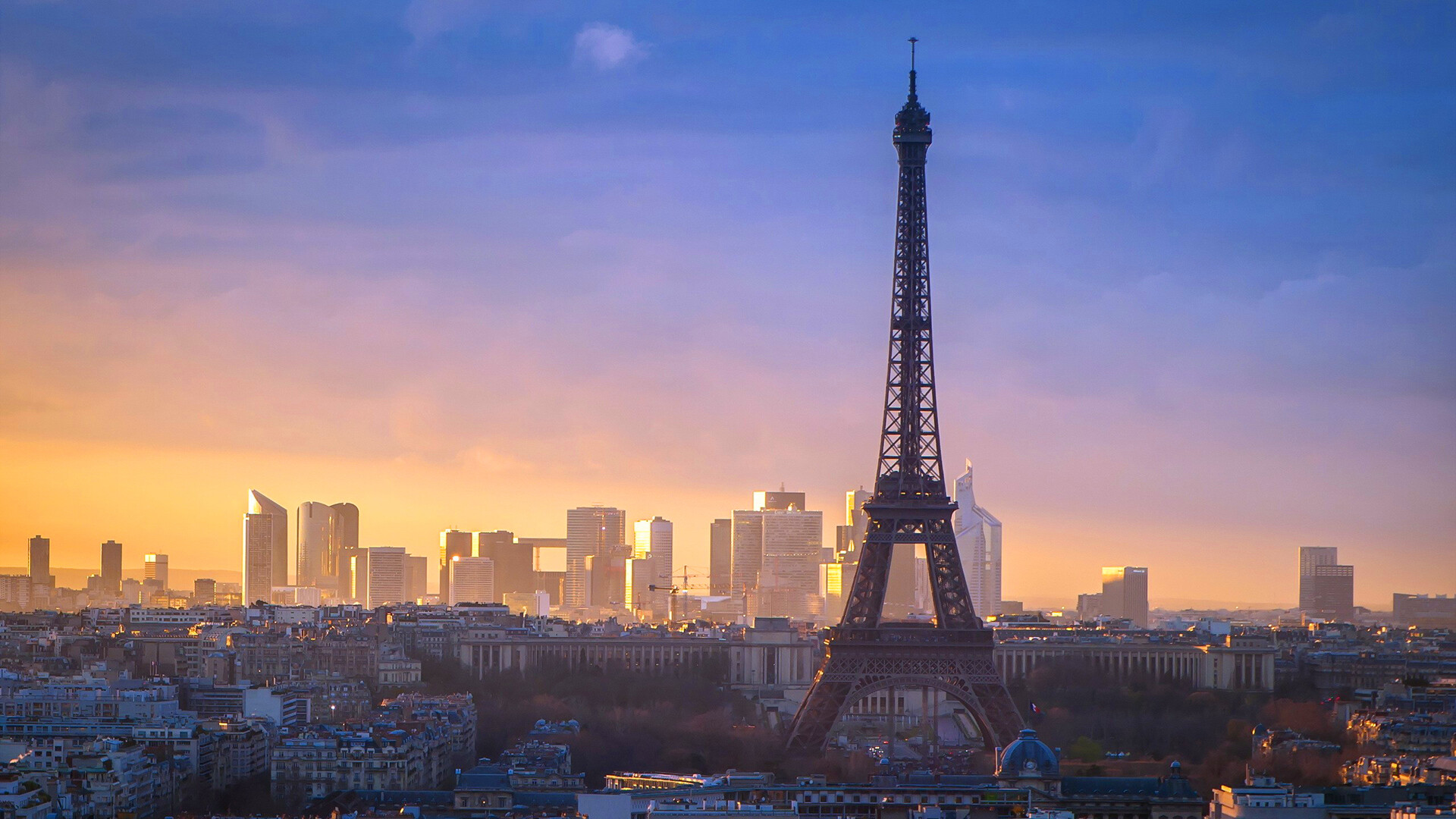 Eiffel Tower, La Defense skyline, Paris sunset cityscape — 1920×1080 HD wallpaper