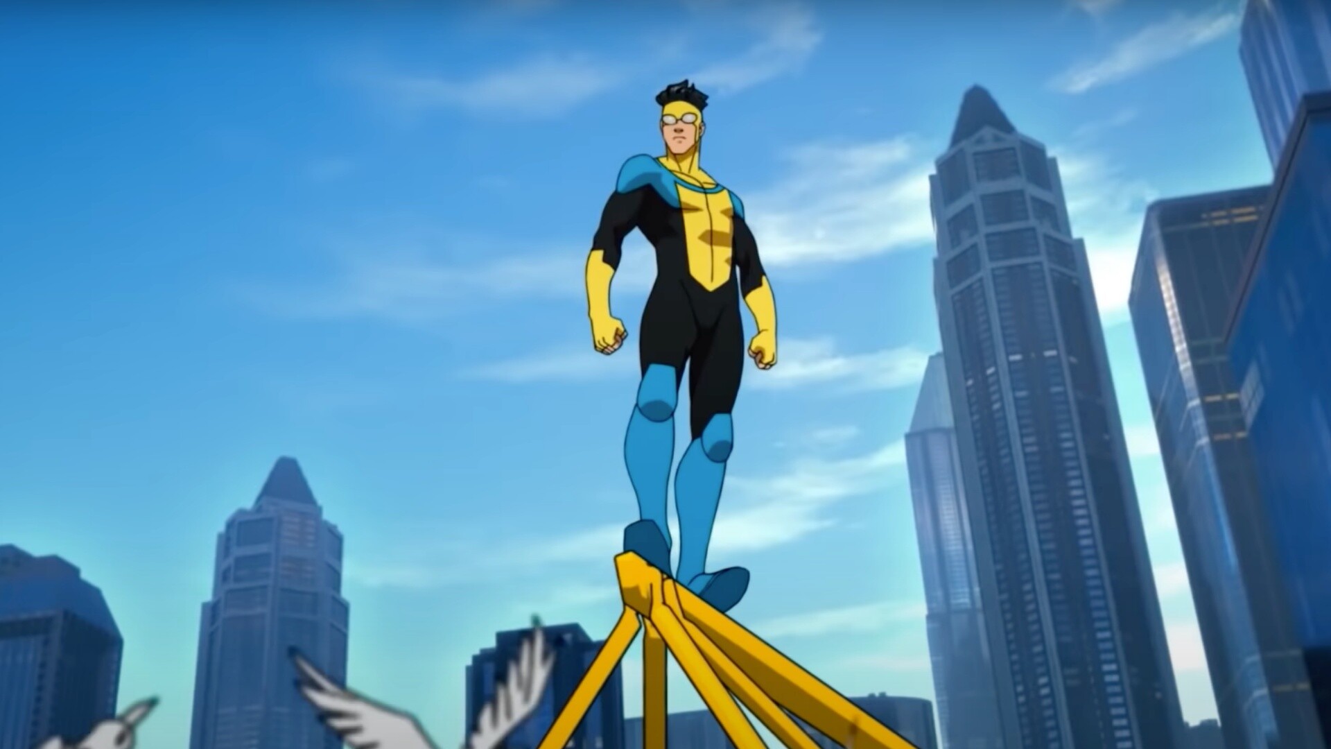 Mark Grayson Invincible, Rooftop crane beam, City skyscrapers skyline Mark Grayson Invincible, Rooftop crane beam, City skyscrapers skyline — 1920×1080 HD wallpaper