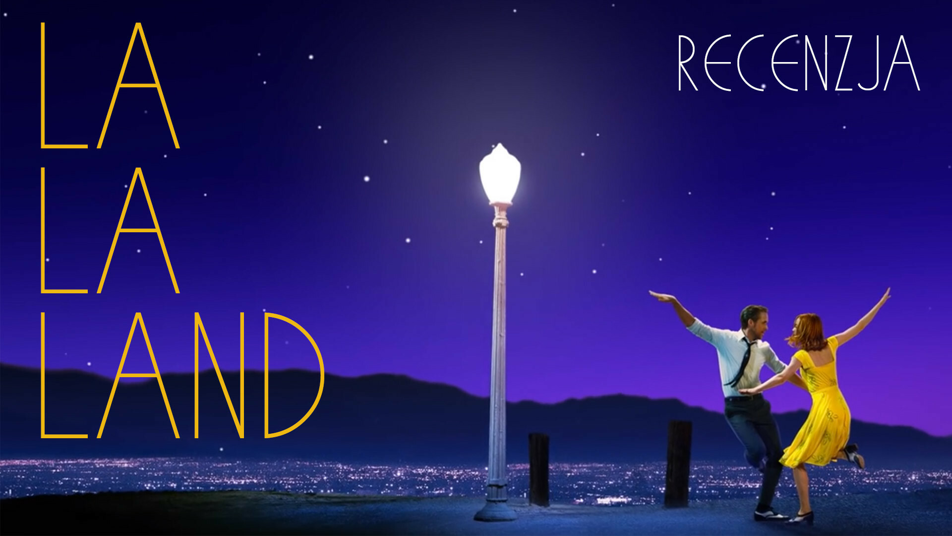 Ryan Gosling Emma Stone, Yellow dress dancing couple, Lamppost starry night hills — 1920×1080 HD wallpaper