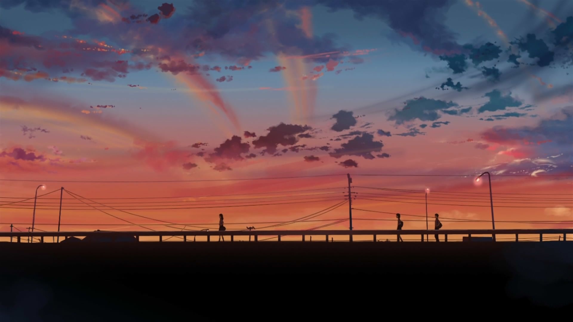 5 Centimeters Per Second, Silhouetted figures on bridge, Sunset power lines 5 Centimeters Per Second, Silhouetted figures on bridge, Sunset power lines — 1920×1080 HD wallpaper
