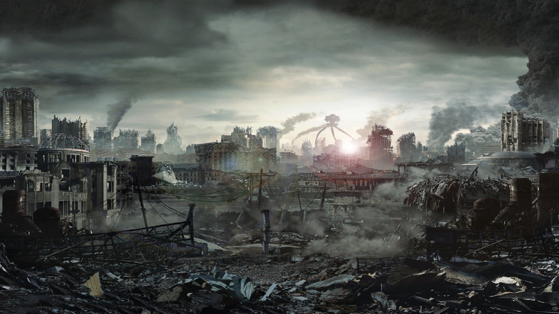 Destroyed city skyline, Alien tripod machine, Smoking rubble debris Destroyed city skyline, Alien tripod machine, Smoking rubble debris — 1920×1080 HD wallpaper