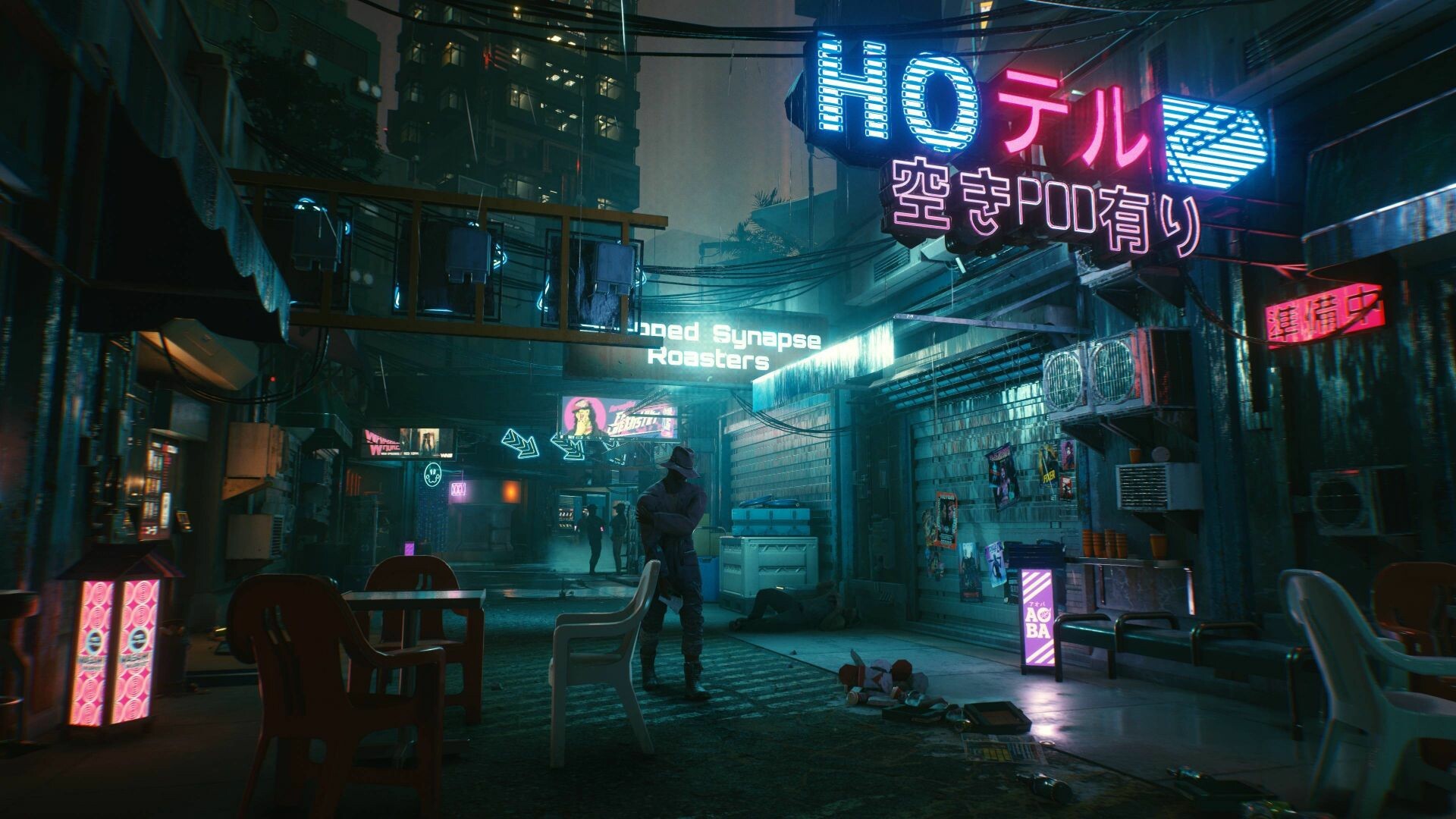 Night City back alley, Neon hotel kanji sign, Street cafe tables Night City back alley, Neon hotel kanji sign, Street cafe tables — 1920×1080 HD wallpaper