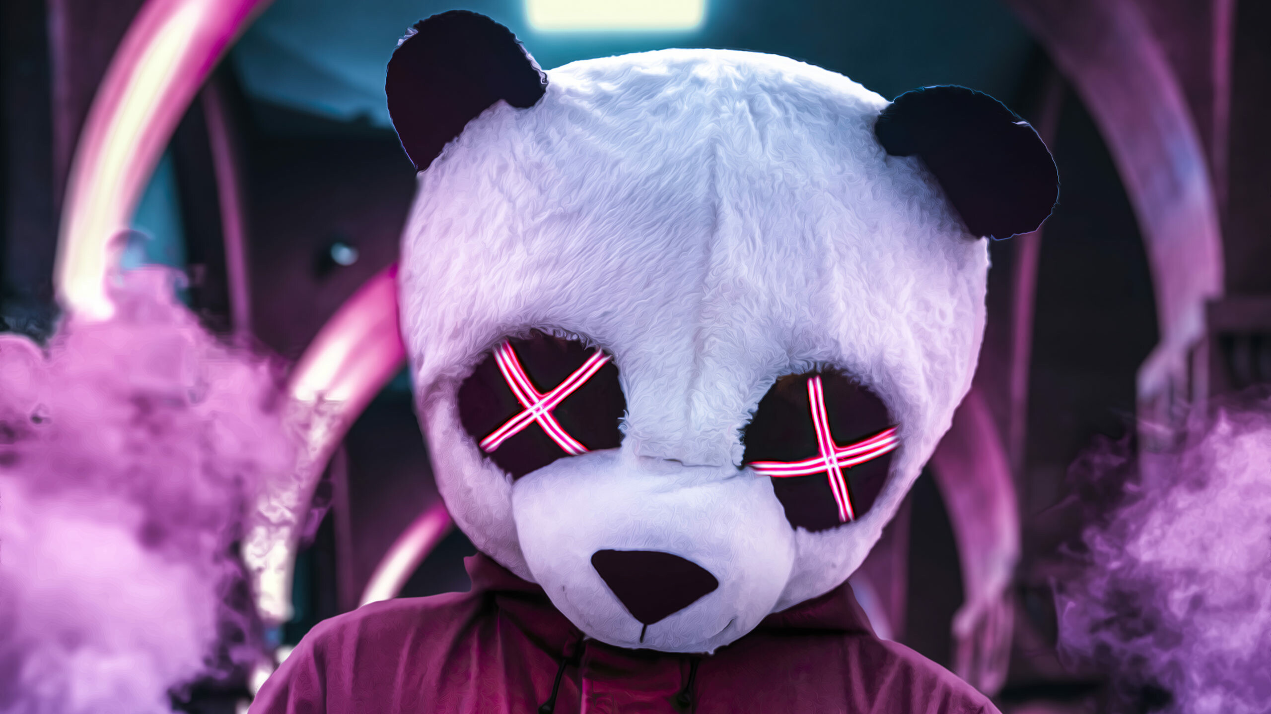 Panda mascot head, Neon pink X eyes, Pink smoke haze Panda mascot head, Neon pink X eyes, Pink smoke haze — 2560×1440 HD wallpaper