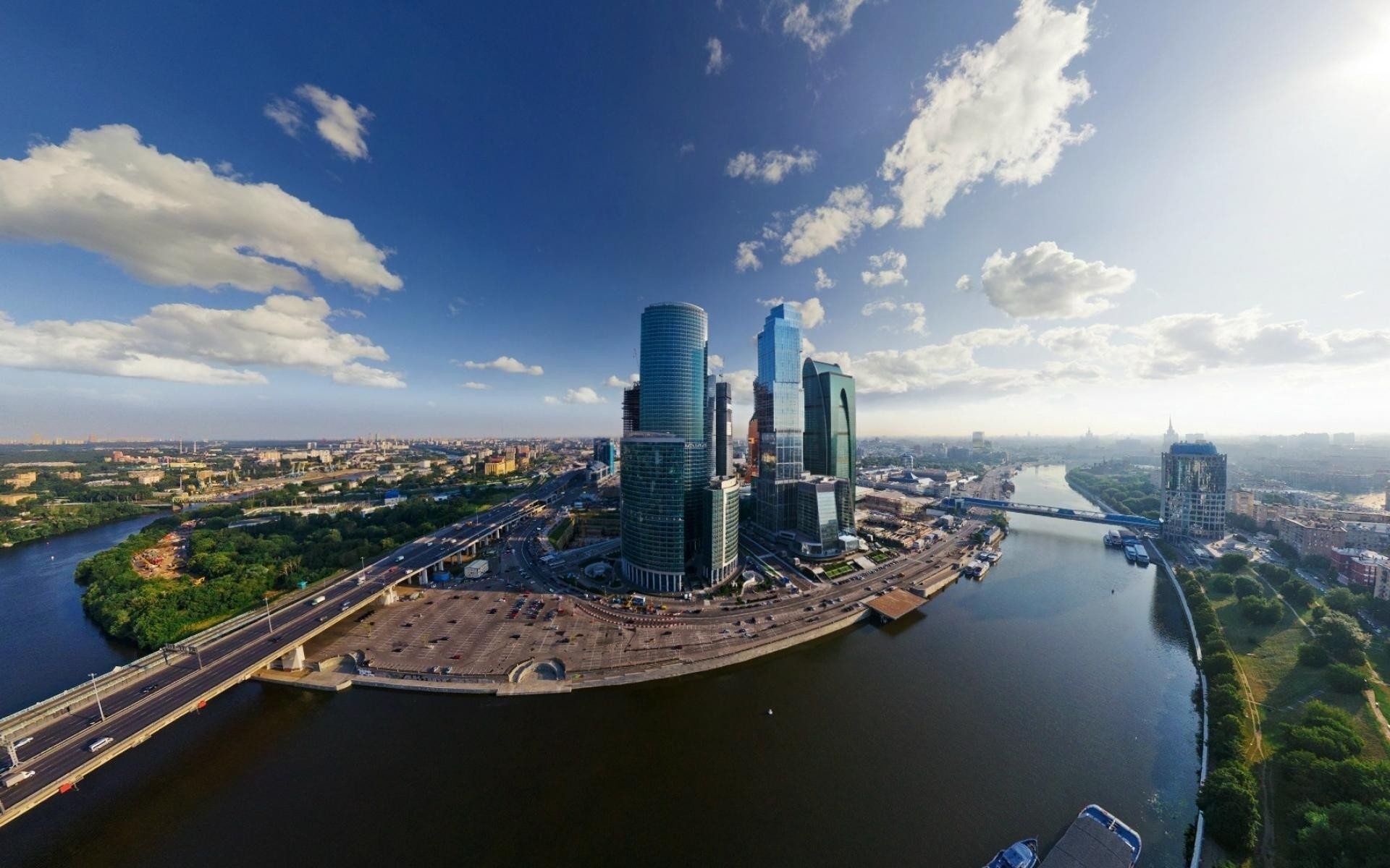 Moscow City skyscrapers, Bagration Bridge, Moskva River aerial Moscow City skyscrapers, Bagration Bridge, Moskva River aerial — 1920×1200 HD wallpaper