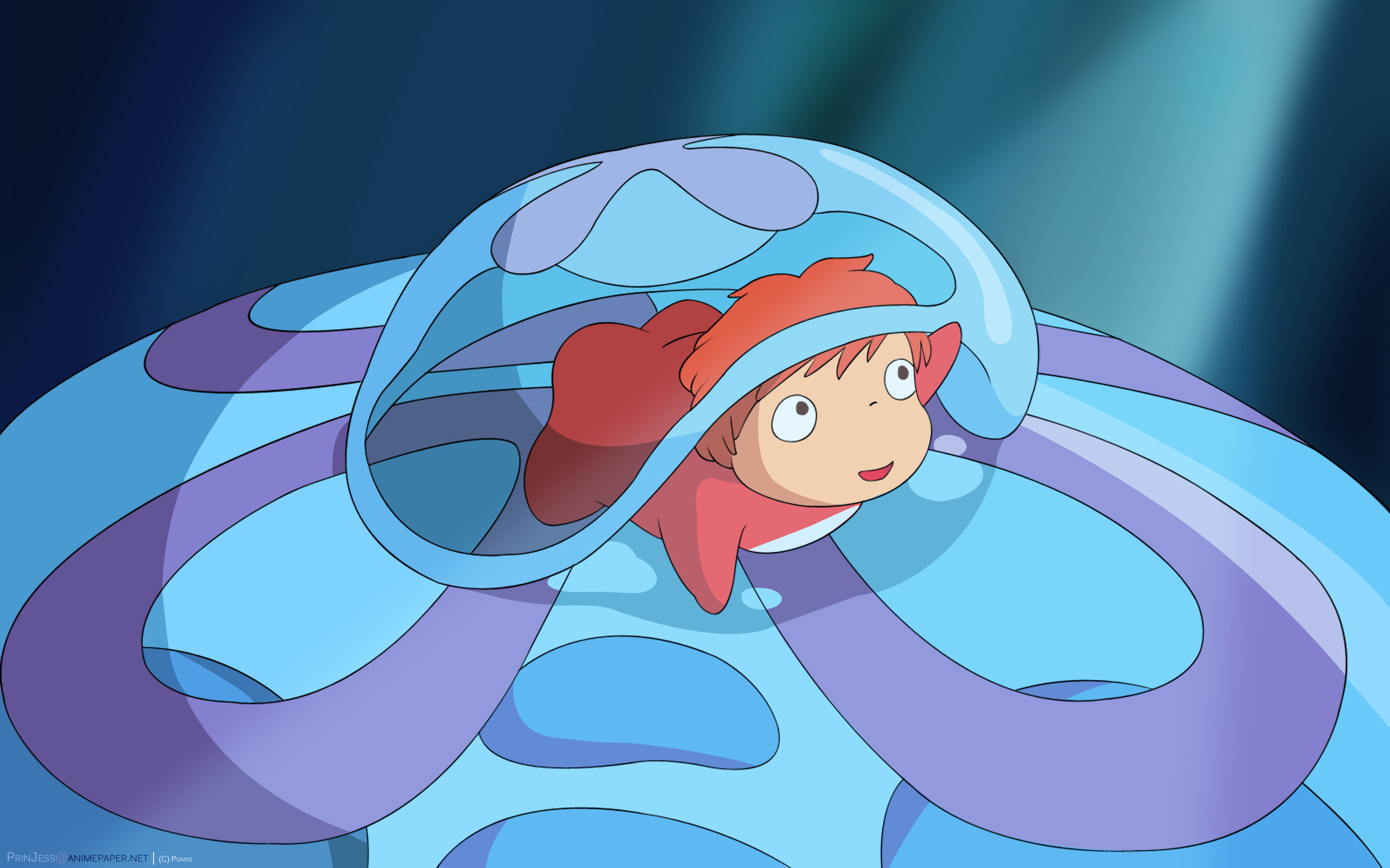 Ponyo inside water bubble, Swirling blue and purple waves, Underwater glow Ponyo inside water bubble, Swirling blue and purple waves, Underwater glow — 2560×1600 HD wallpaper