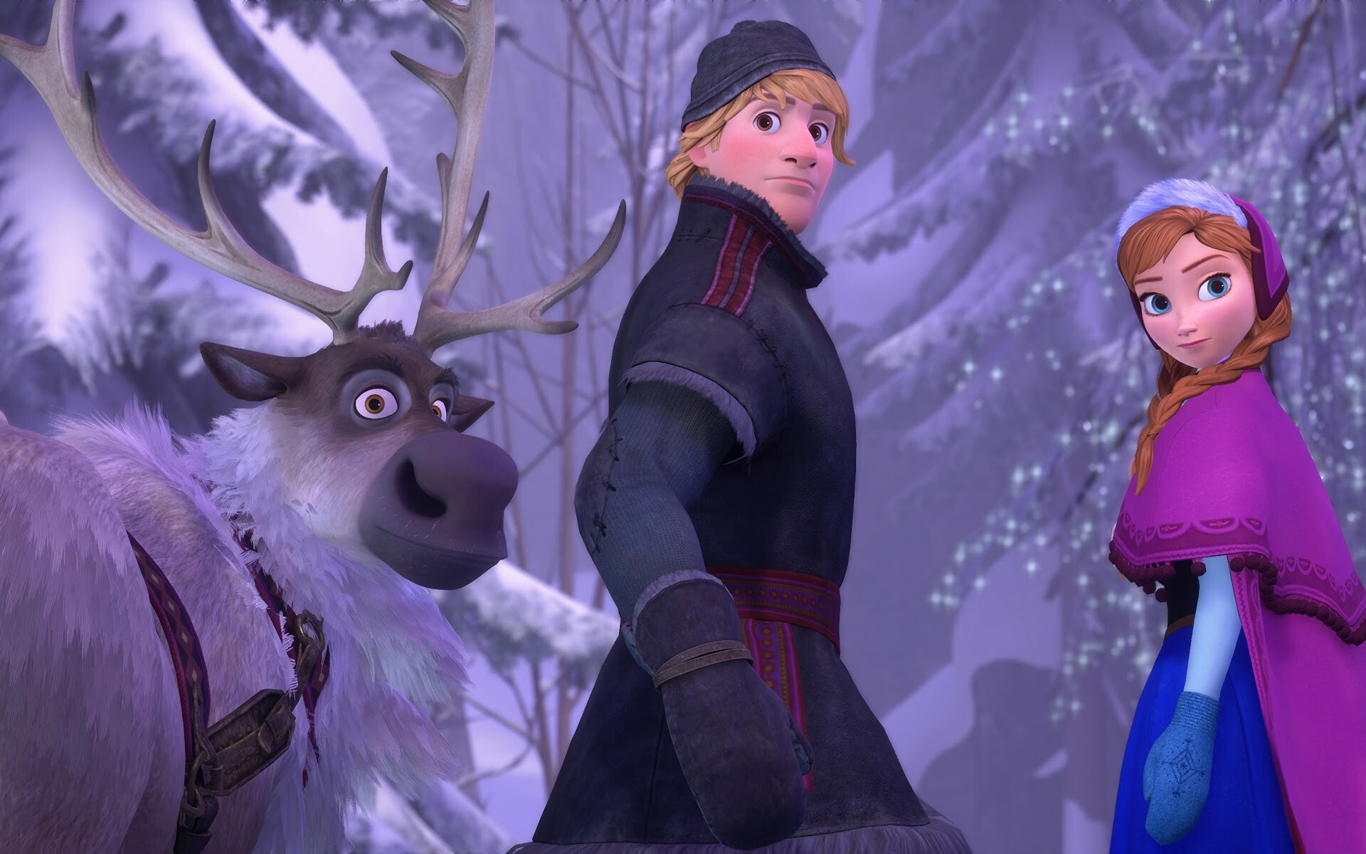 Kristoff, Sven reindeer, Anna, Snowy birch forest Kristoff, Sven reindeer, Anna, Snowy birch forest — 1920×1200 HD wallpaper
