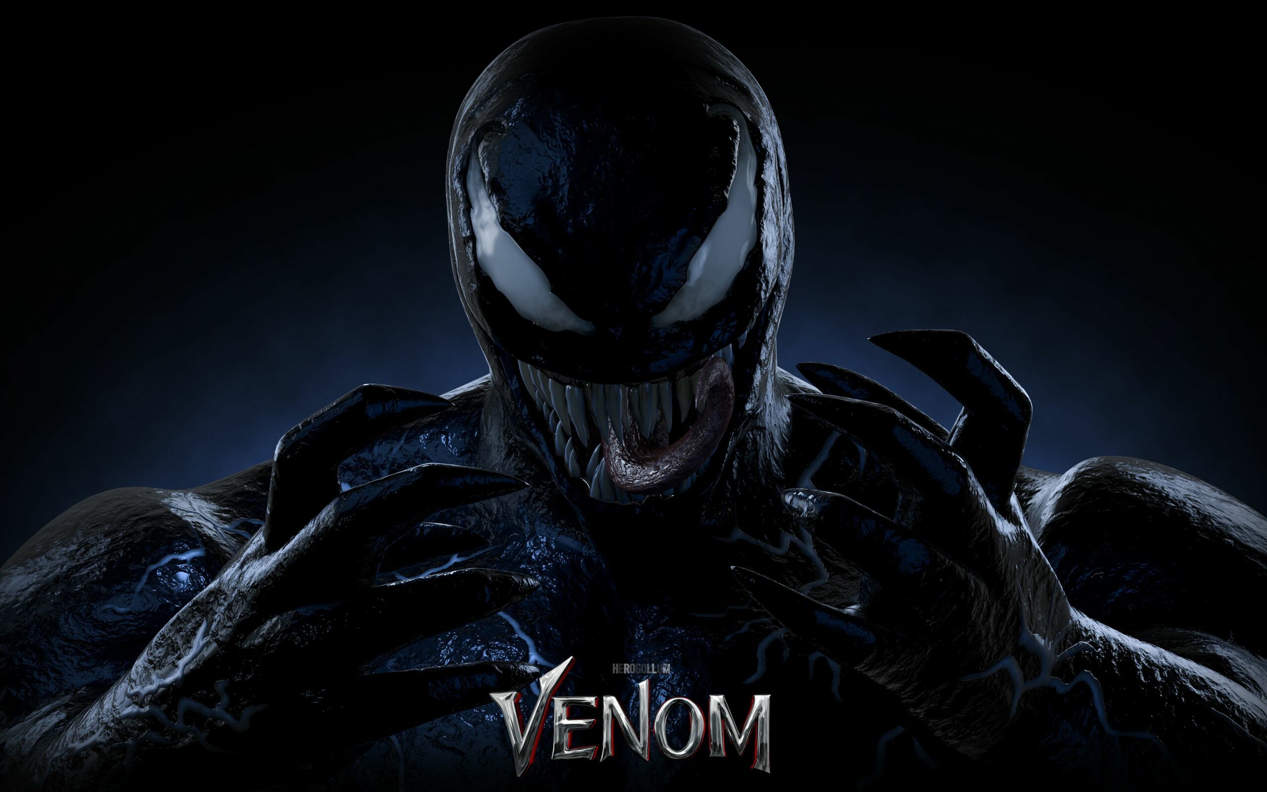 Venom symbiote, White-eyed fanged head, Venom (2018) movie, Dark black backdrop Venom symbiote, White-eyed fanged head, Venom (2018) movie, Dark black backdrop — 2560×1600 HD wallpaper