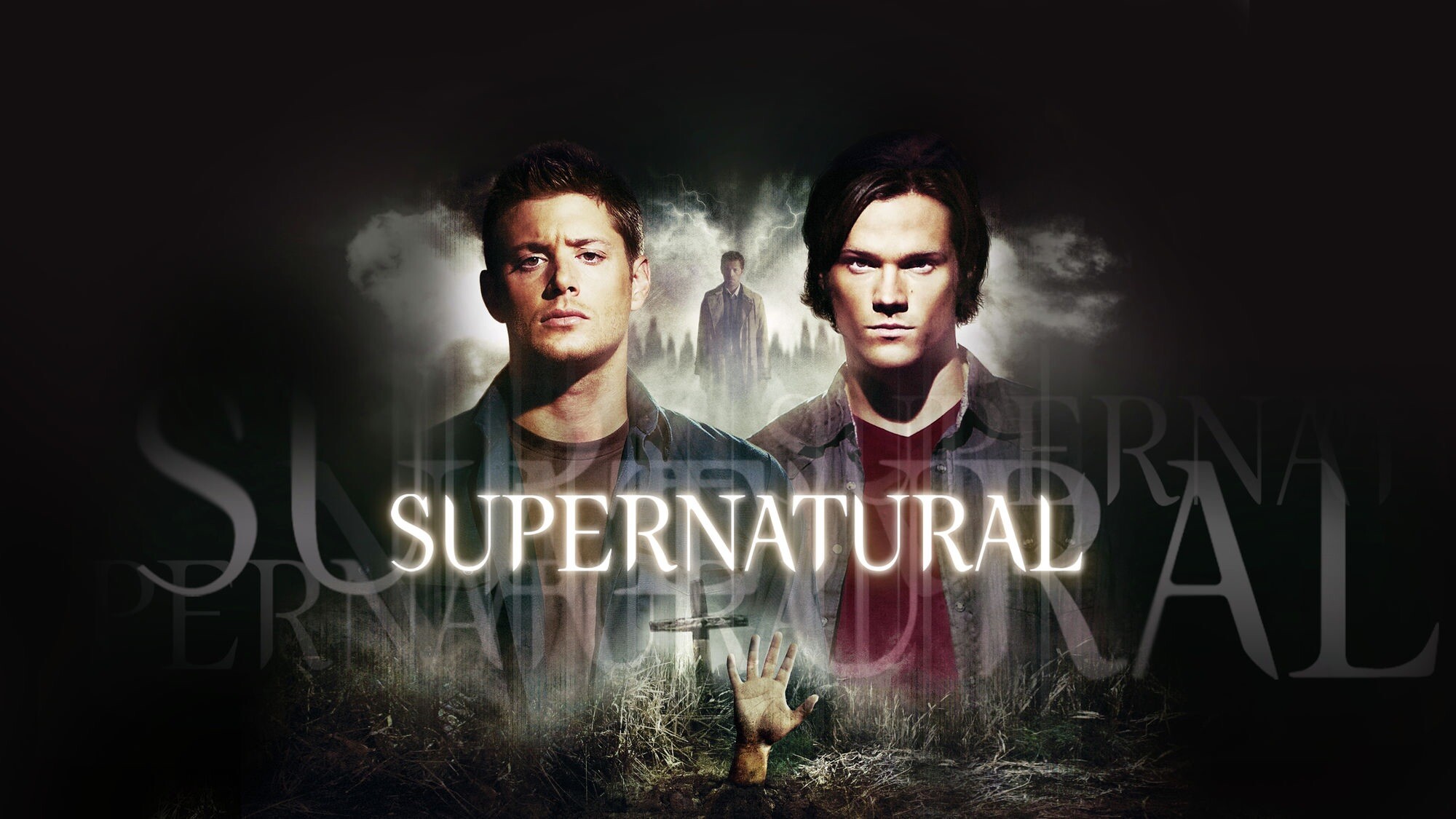 Dean Winchester, Sam Winchester, Hand rising from grave, Ghostly Castiel figure Dean Winchester, Sam Winchester, Hand rising from grave, Ghostly Castiel figure — 2000×1125 HD wallpaper