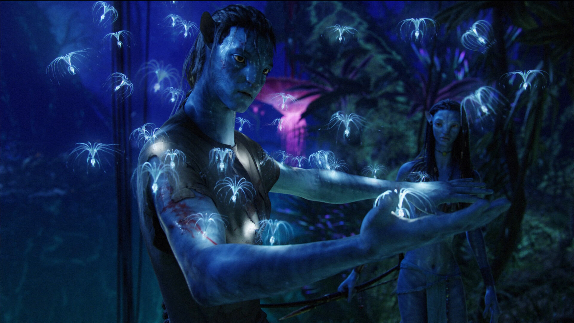 Jake Sully avatar, Woodsprites atokirina, Neytiri background, Bioluminescent forest night — 1920×1080 HD wallpaper