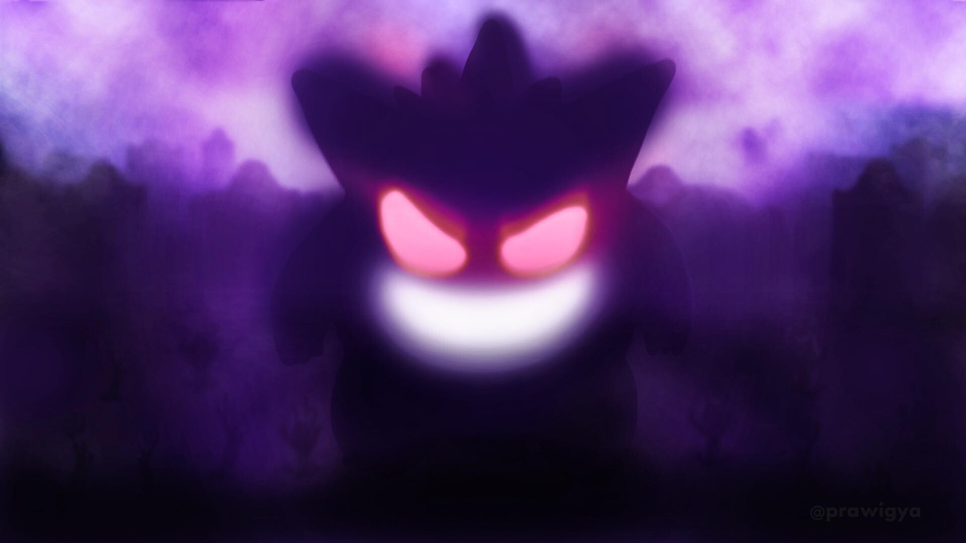 Gengar silhouette, Glowing pink eyes, Purple fog atmosphere Gengar silhouette, Glowing pink eyes, Purple fog atmosphere — 1920×1080 HD wallpaper