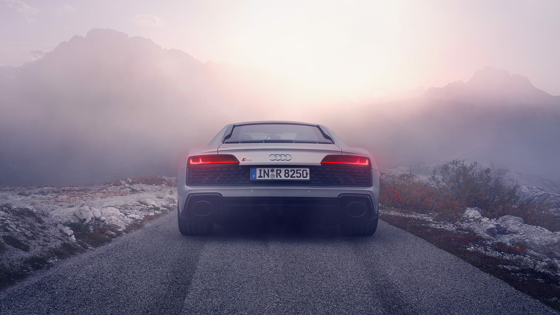 Silver Audi R8 rear, Misty mountain pass, Red LED taillights Silver Audi R8 rear, Misty mountain pass, Red LED taillights — 1920×1080 HD wallpaper