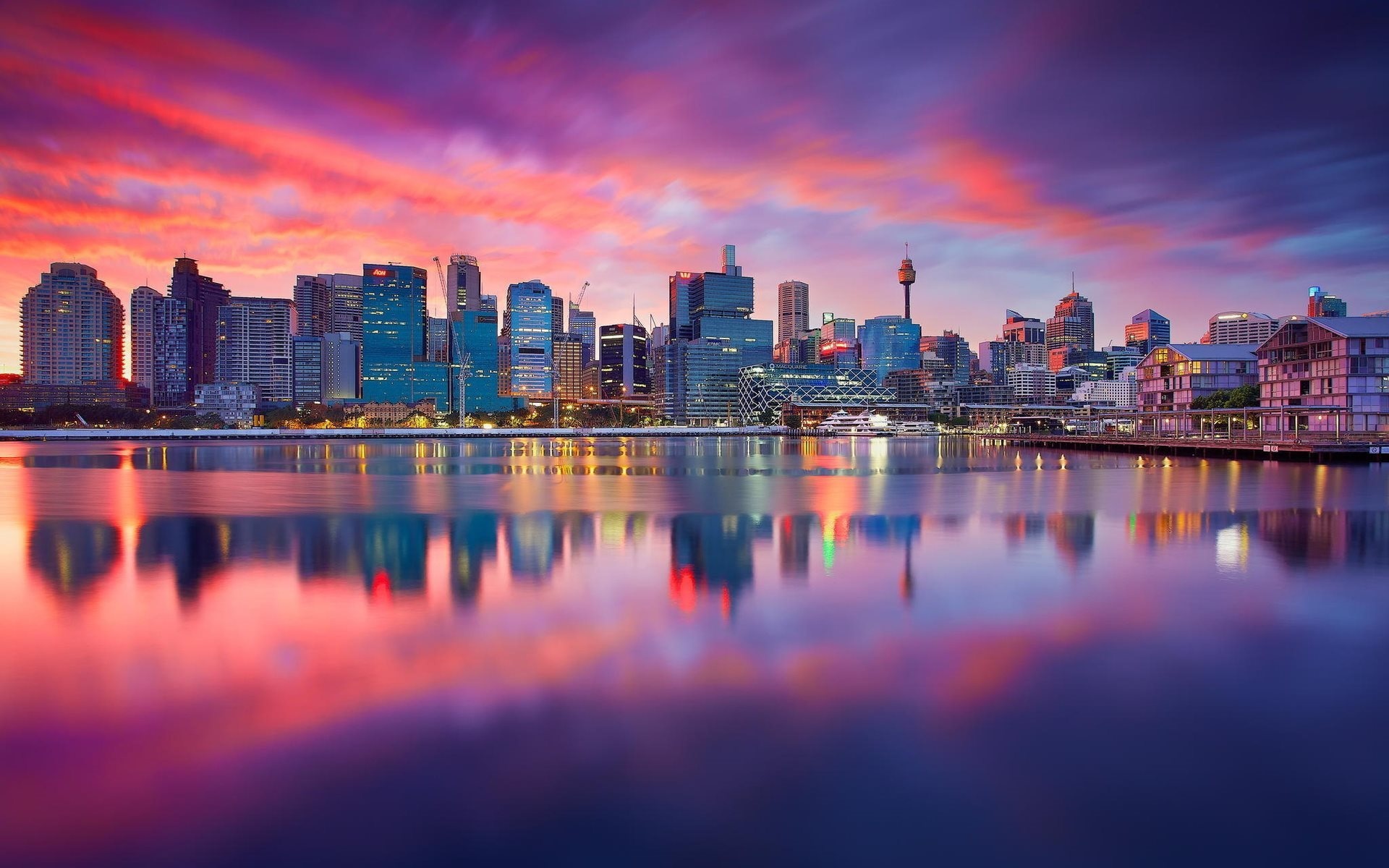 Sydney Tower skyline, Darling Harbour reflection, Pink sunset clouds Sydney Tower skyline, Darling Harbour reflection, Pink sunset clouds — 1920×1200 HD wallpaper