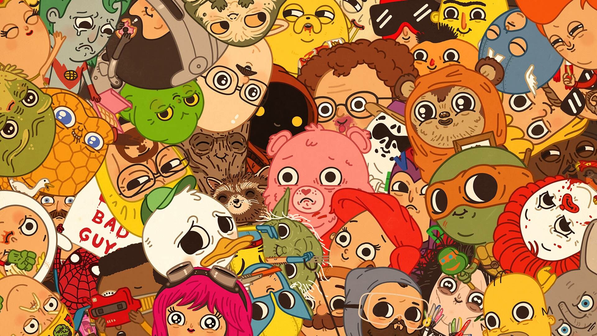 Cartoon character collage, Care Bear and Ewok, BAD GUY text, Yoda and Spider-Man — 1920×1080 HD wallpaper