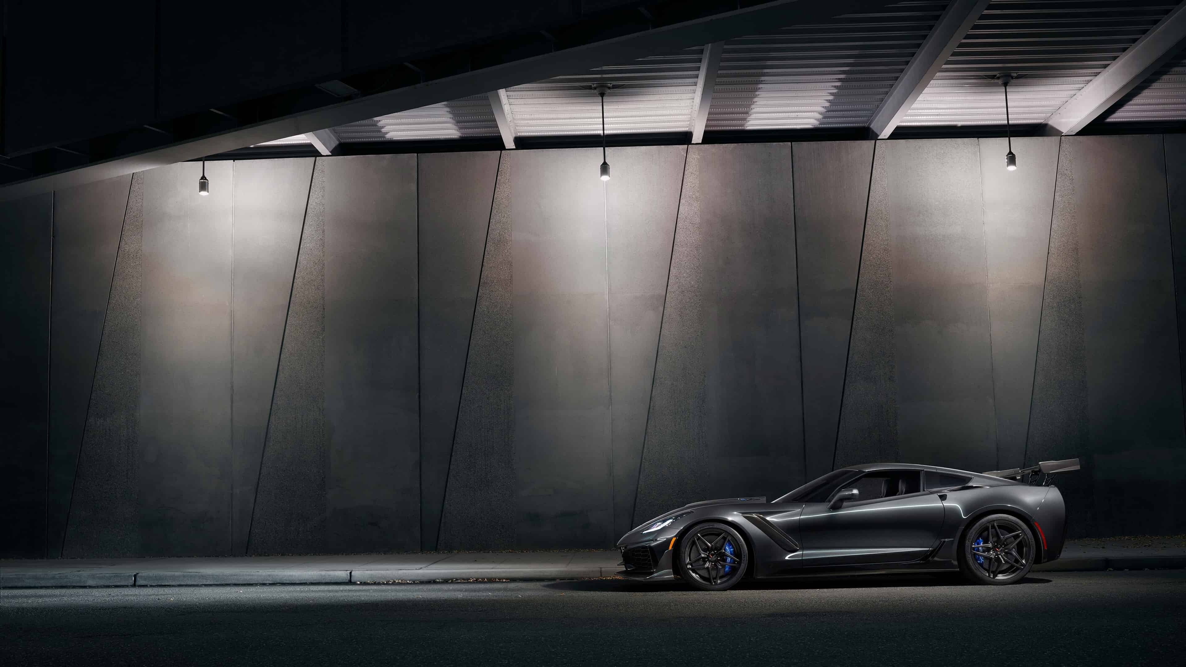 Chevrolet Corvette ZR1, Dim industrial garage, Gray sports car Chevrolet Corvette ZR1, Dim industrial garage, Gray sports car — 3840×2160 HD wallpaper