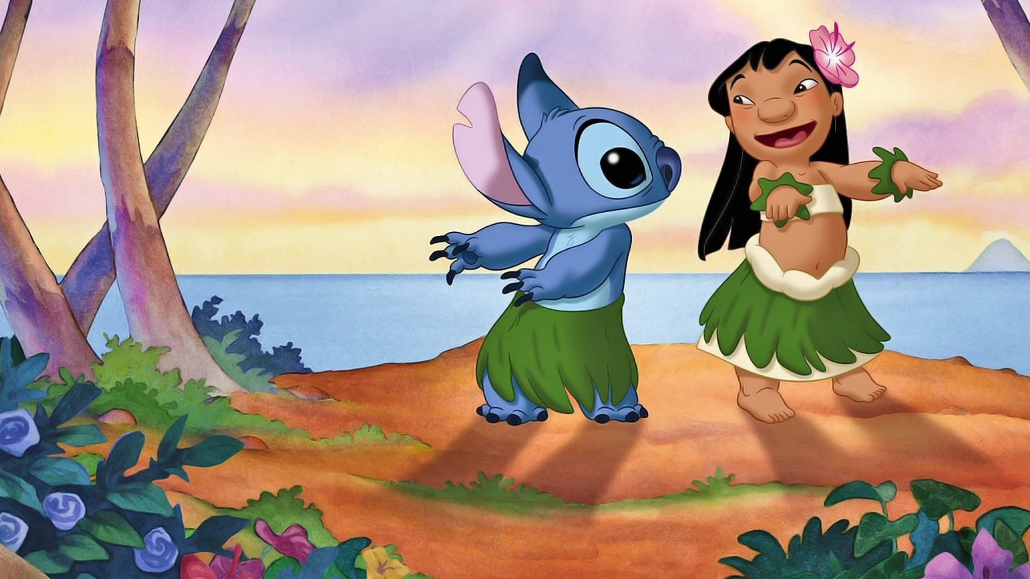 Stitch in hula skirt, Lilo Pelekai dancing, Tropical beach sunset Stitch in hula skirt, Lilo Pelekai dancing, Tropical beach sunset — 2048×1152 HD wallpaper