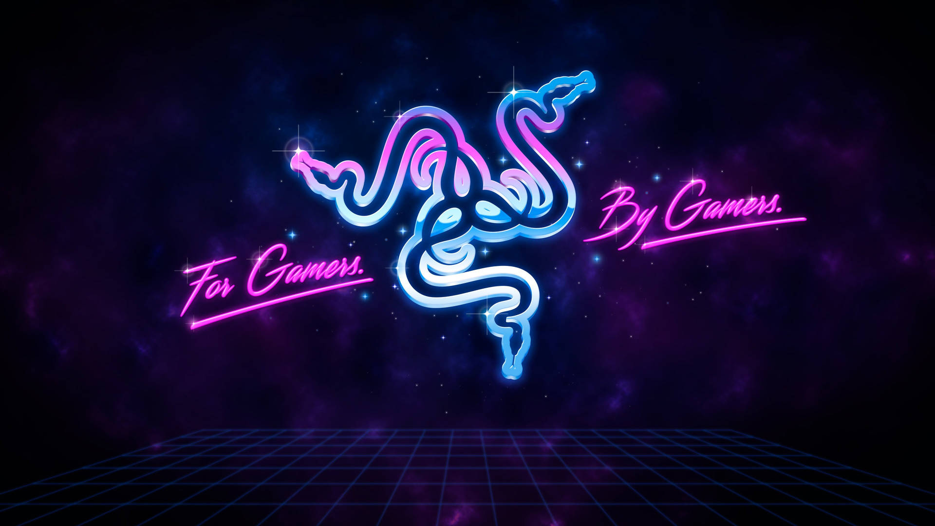 Razer triple-snake logo, Retrowave neon grid, For Gamers slogan — 1920×1080 HD wallpaper
