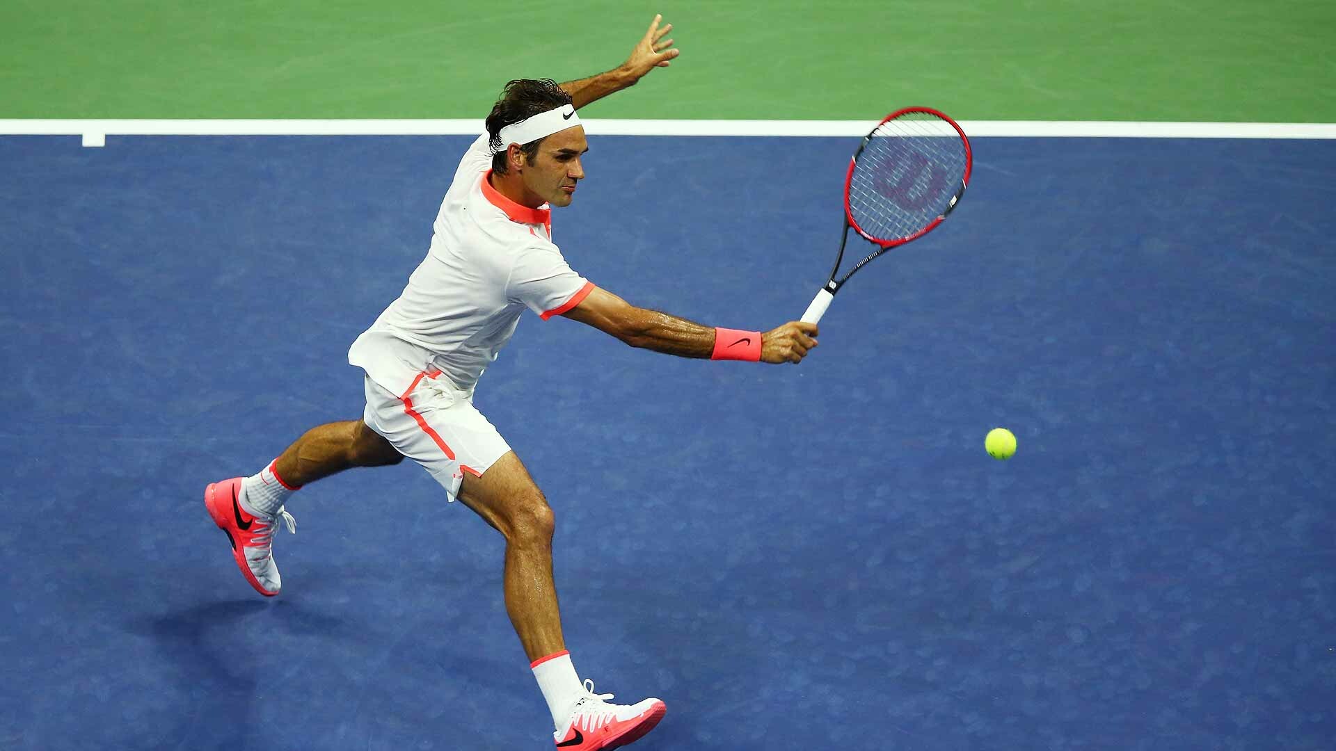 Roger Federer, Wilson tennis racket, US Open blue court, Yellow tennis ball Roger Federer, Wilson tennis racket, US Open blue court, Yellow tennis ball — 1920×1080 HD wallpaper
