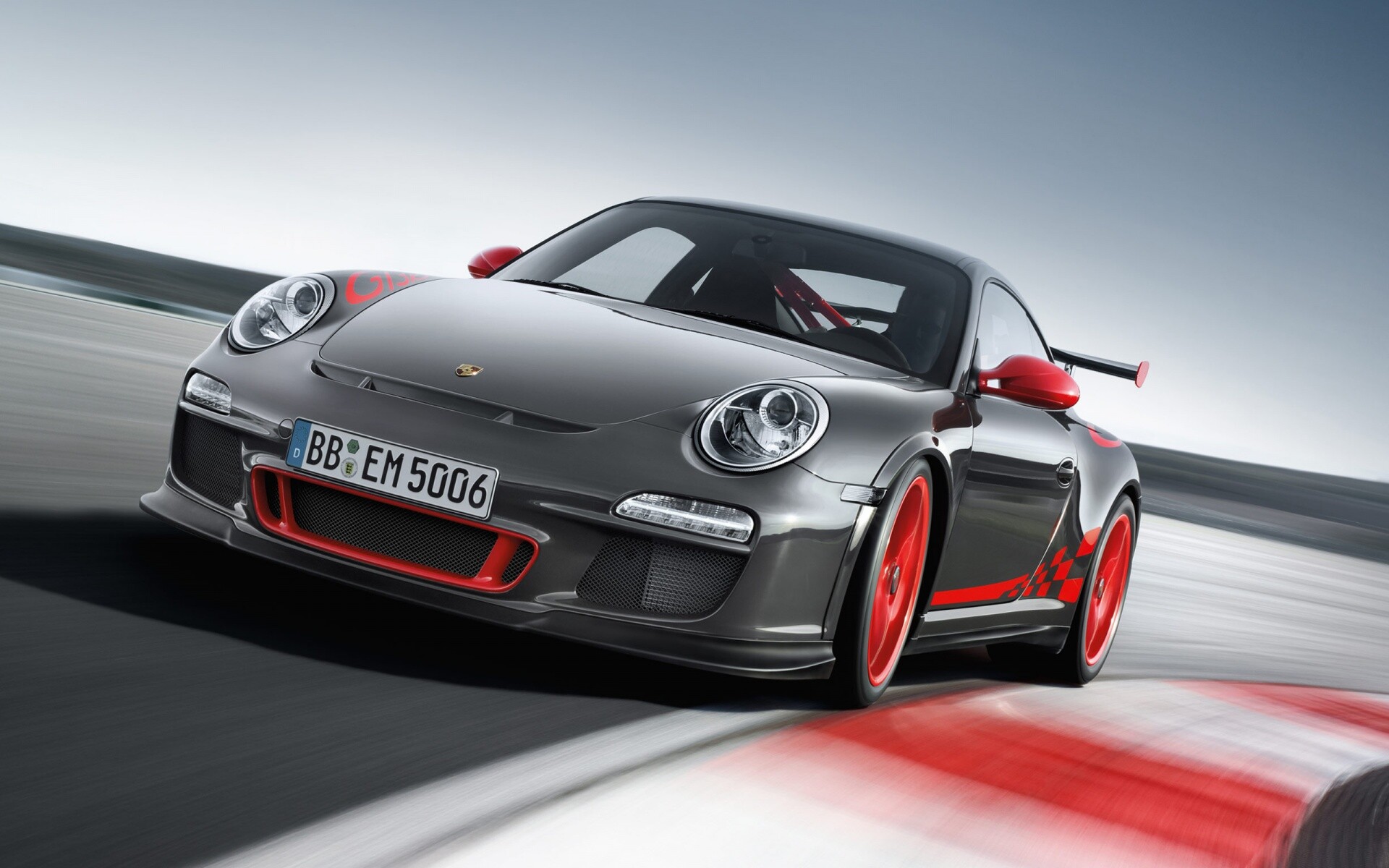 Porsche 911 GT3 RS, Grey with red livery, Red-white track curbs Porsche 911 GT3 RS, Grey with red livery, Red-white track curbs — 1920×1200 HD wallpaper