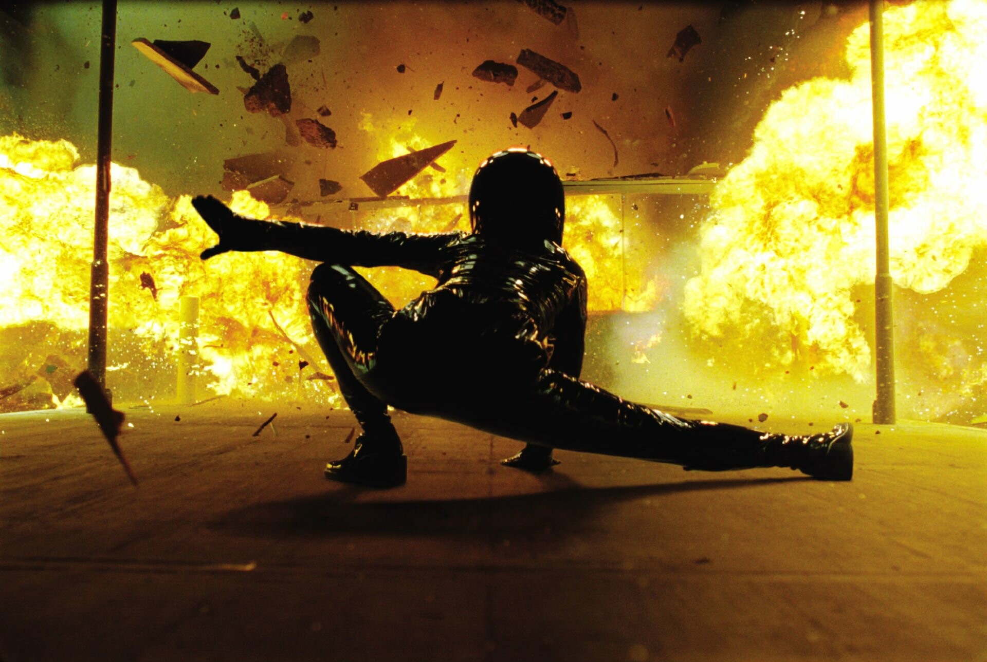 Trinity lobby scene, Black latex catsuit, Fiery explosion debris Trinity lobby scene, Black latex catsuit, Fiery explosion debris — 1920×1289 HD wallpaper