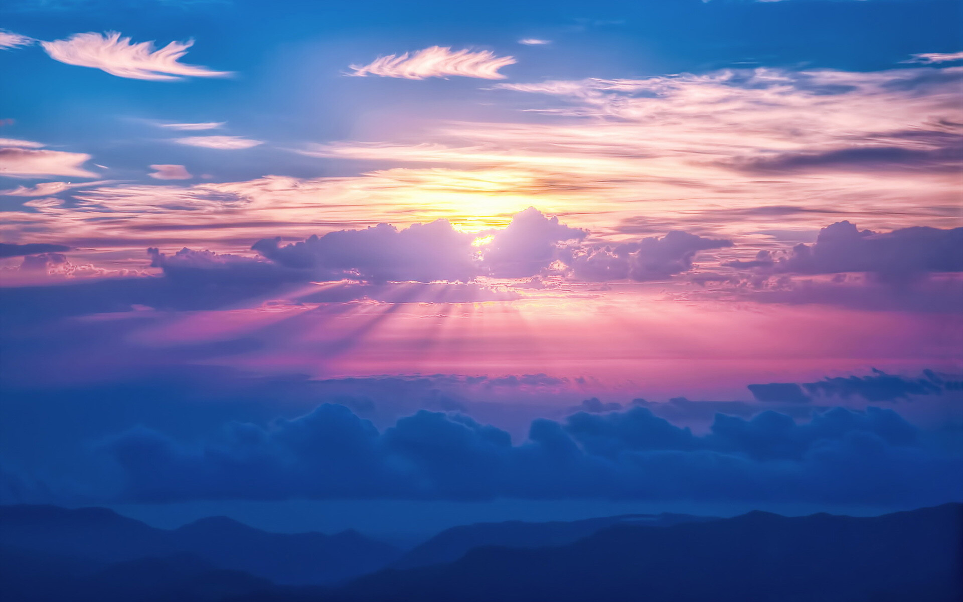 Sunset crepuscular rays, Pink cumulus clouds, Distant mountain silhouettes Sunset crepuscular rays, Pink cumulus clouds, Distant mountain silhouettes — 1920×1200 HD wallpaper