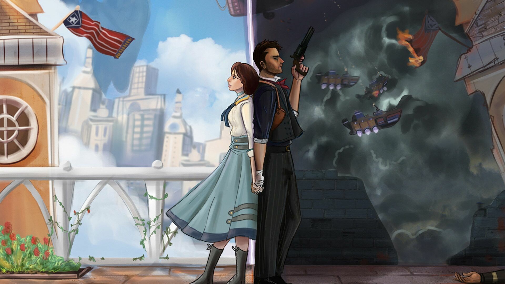 Booker DeWitt Elizabeth, Columbia floating city, Split Infinite contrast Booker DeWitt Elizabeth, Columbia floating city, Split Infinite contrast — 1920×1080 HD wallpaper
