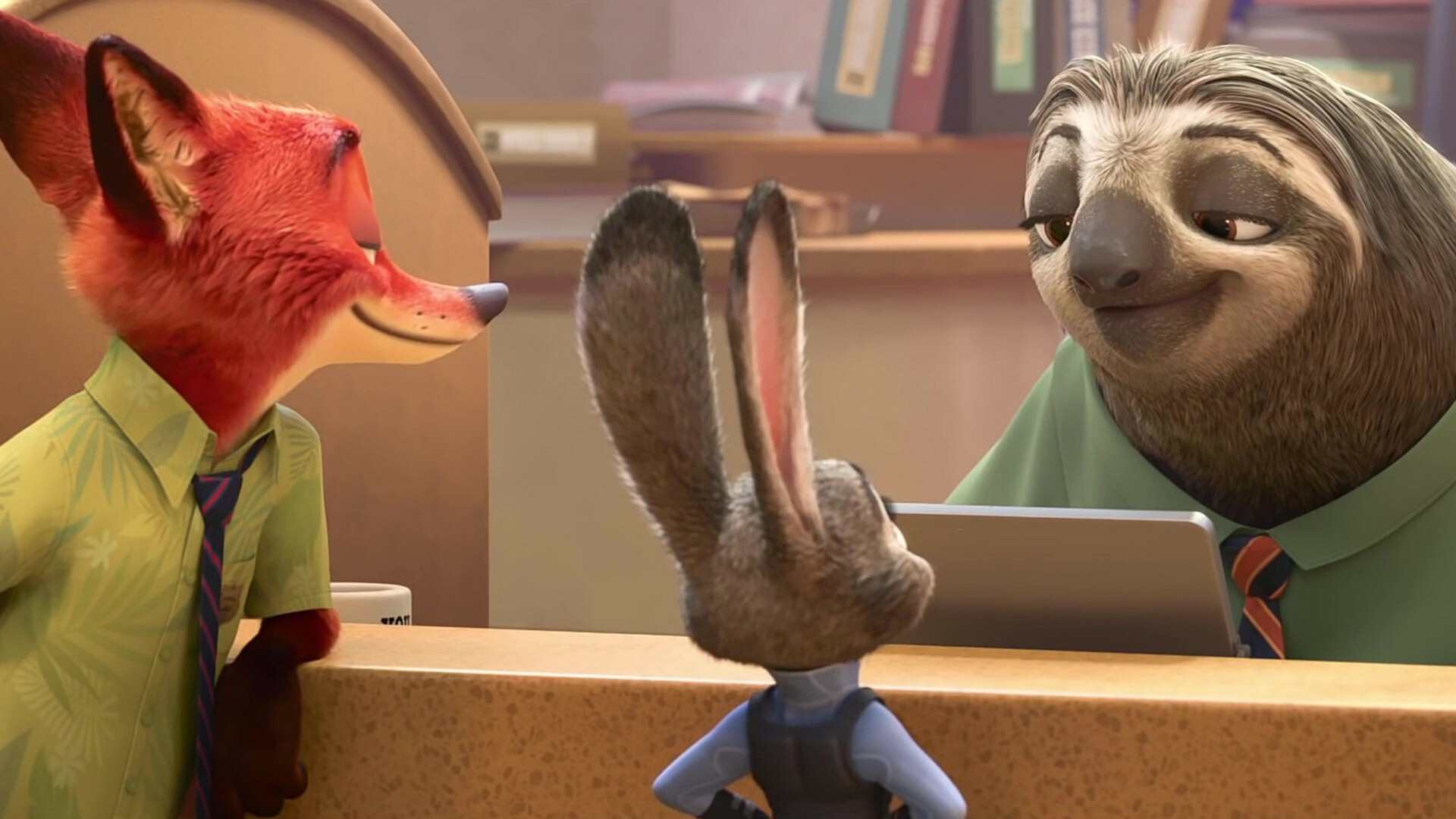 Nick Wilde, Flash the sloth, Judy Hopps, DMV counter — 1920×1080 HD wallpaper