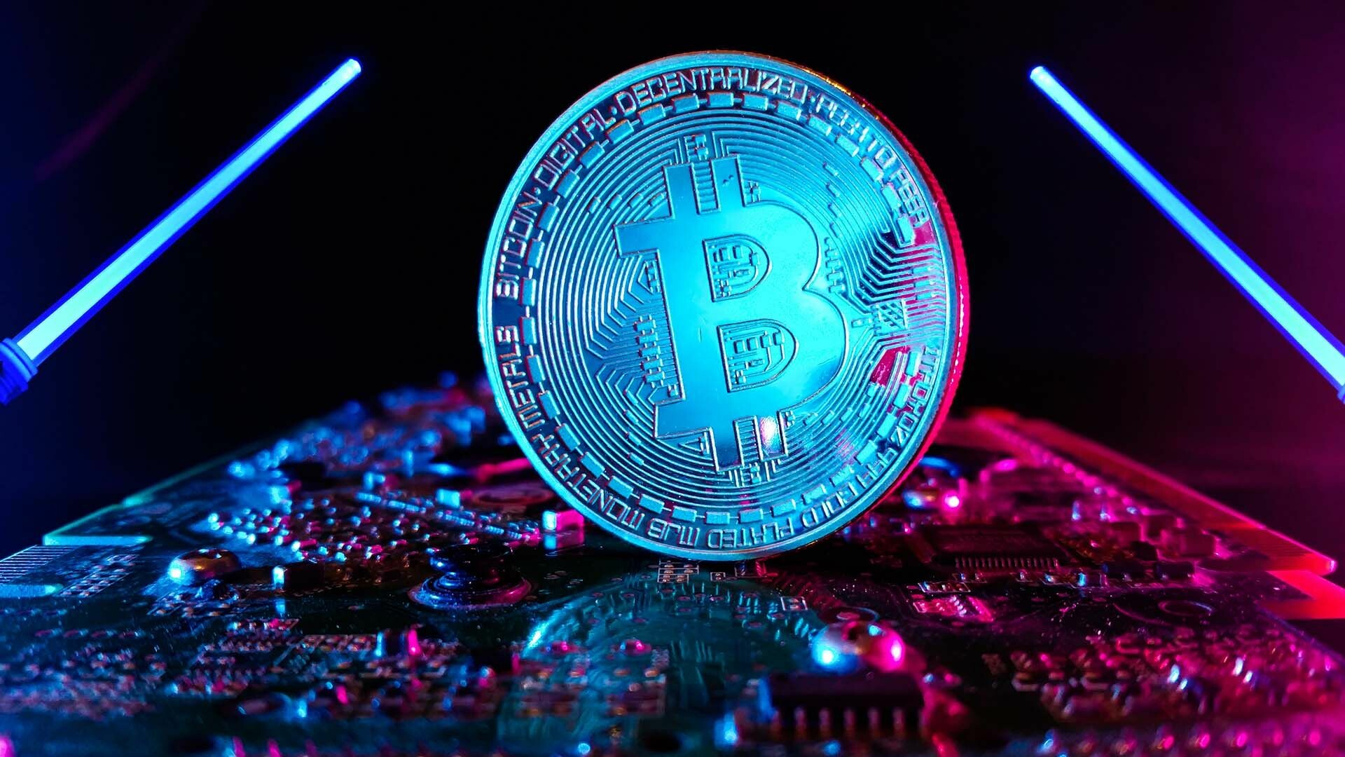 Bitcoin physical coin, Circuit board surface, Neon blue pink lighting — 1920×1080 HD wallpaper
