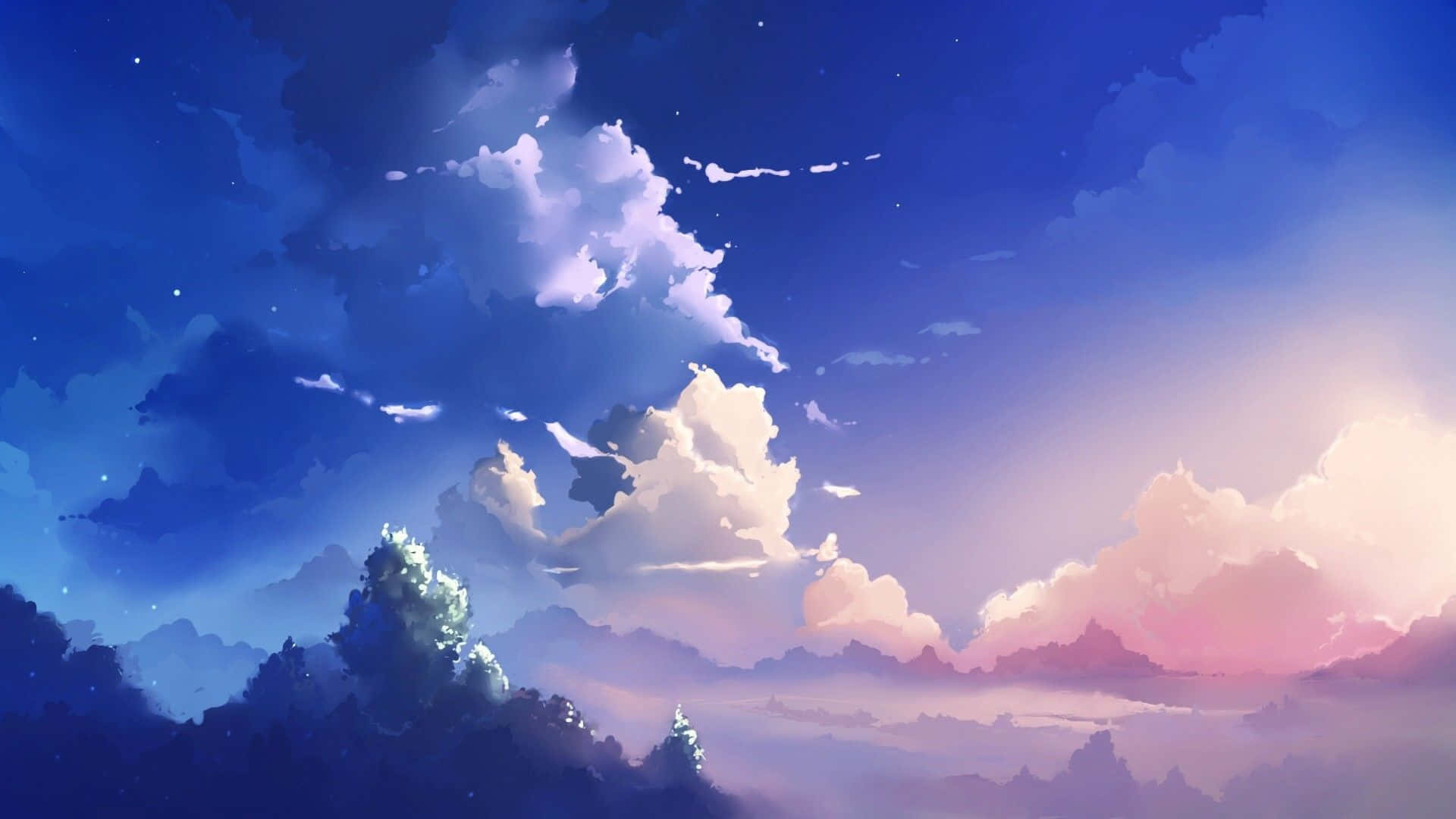 Anime cumulus clouds, Silhouetted pine trees, Pink blue twilight Anime cumulus clouds, Silhouetted pine trees, Pink blue twilight — 1920×1080 HD wallpaper