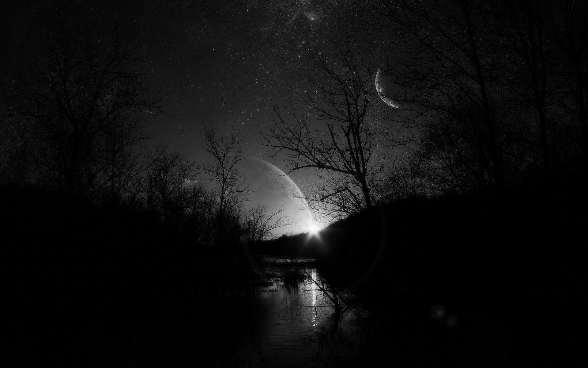 Crescent moon, Planet in night sky, Bare tree silhouettes Crescent moon, Planet in night sky, Bare tree silhouettes — 1920×1200 HD wallpaper