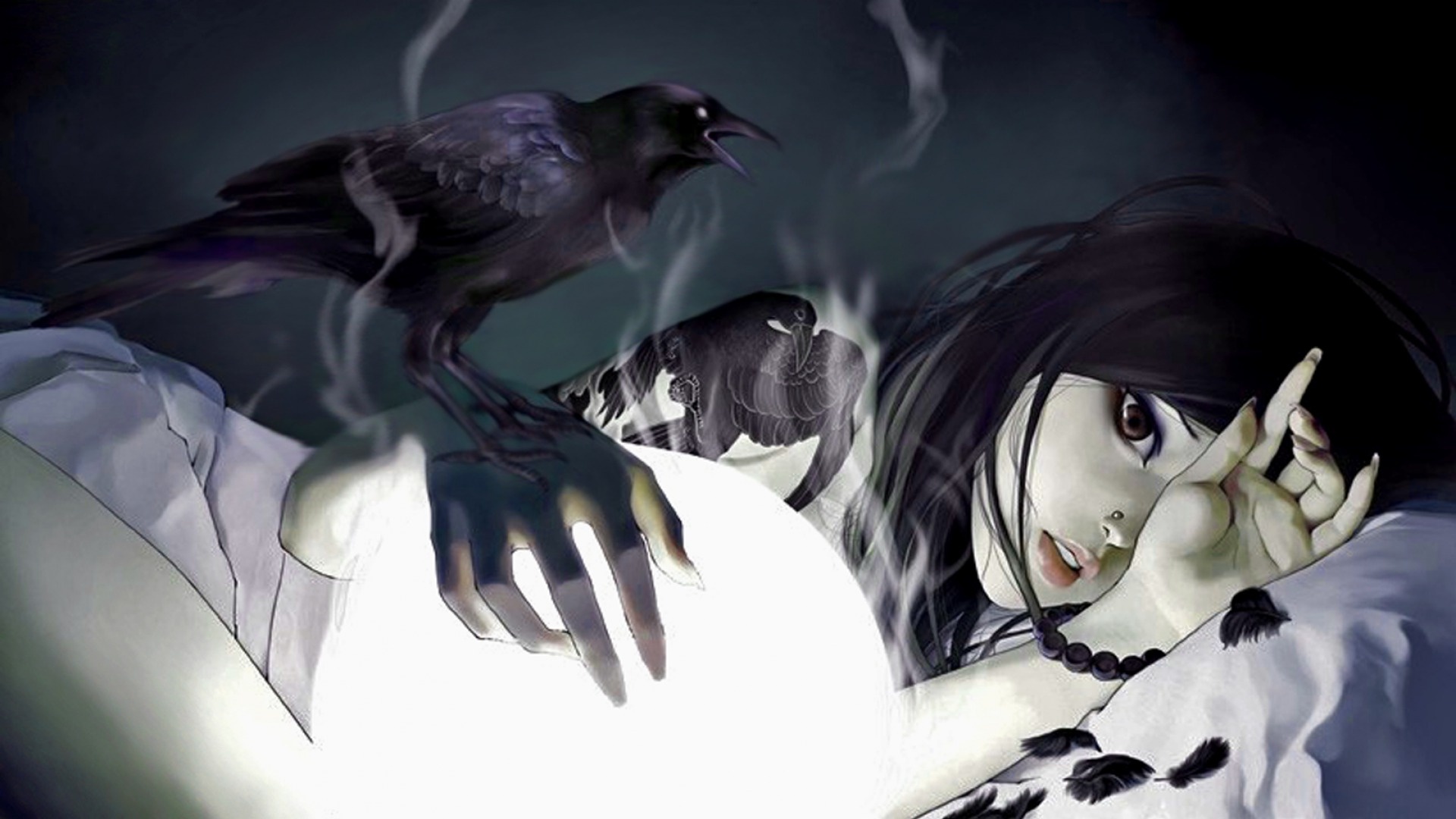 Dark-haired gothic girl, Black raven perched, Glowing orb hands, Black rosary beads Dark-haired gothic girl, Black raven perched, Glowing orb hands, Black rosary beads — 1920×1080 HD wallpaper