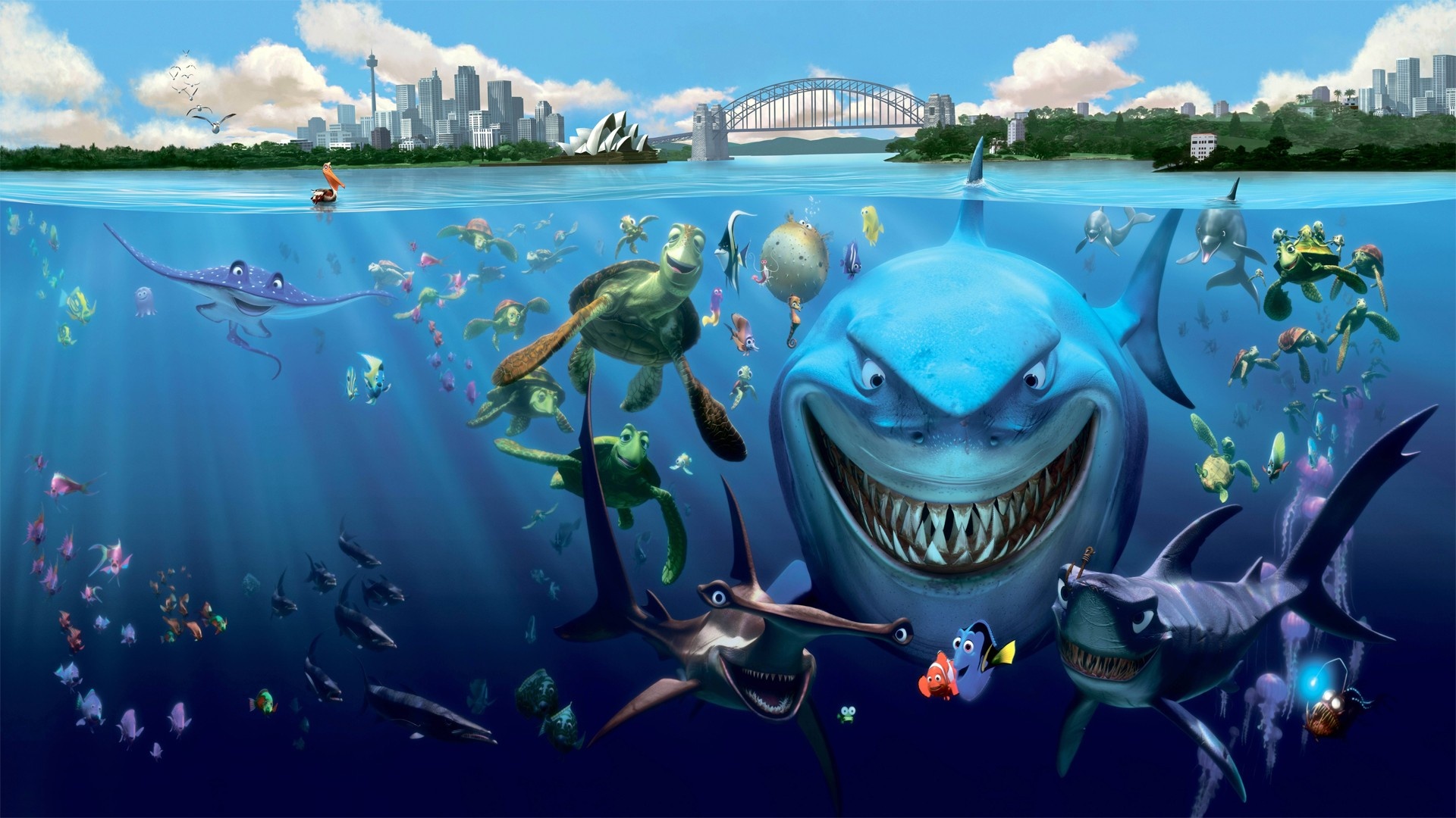 Bruce the shark, Nemo and Dory, Crush the turtle, Sydney Harbour Bridge — 1920×1080 HD wallpaper