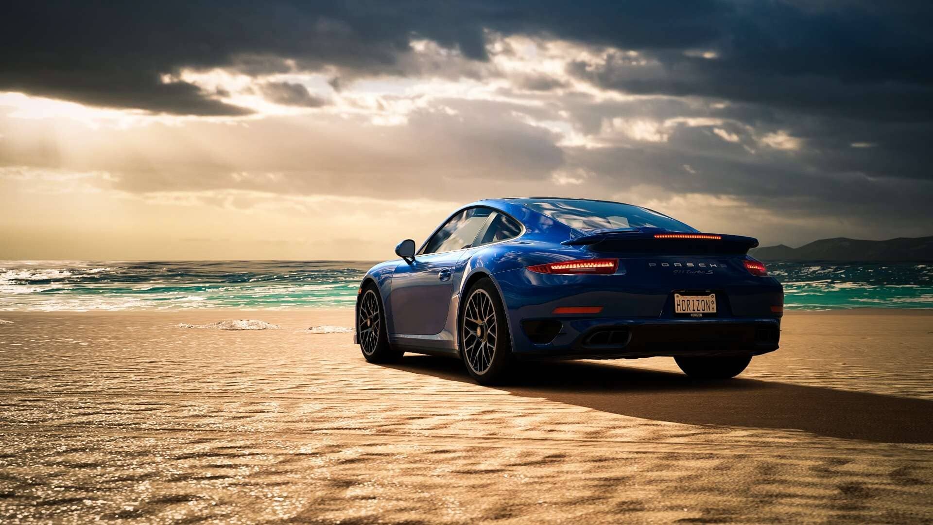 Porsche 911 Turbo S, Sapphire blue coupe, Golden beach sunset — 1920×1080 HD wallpaper