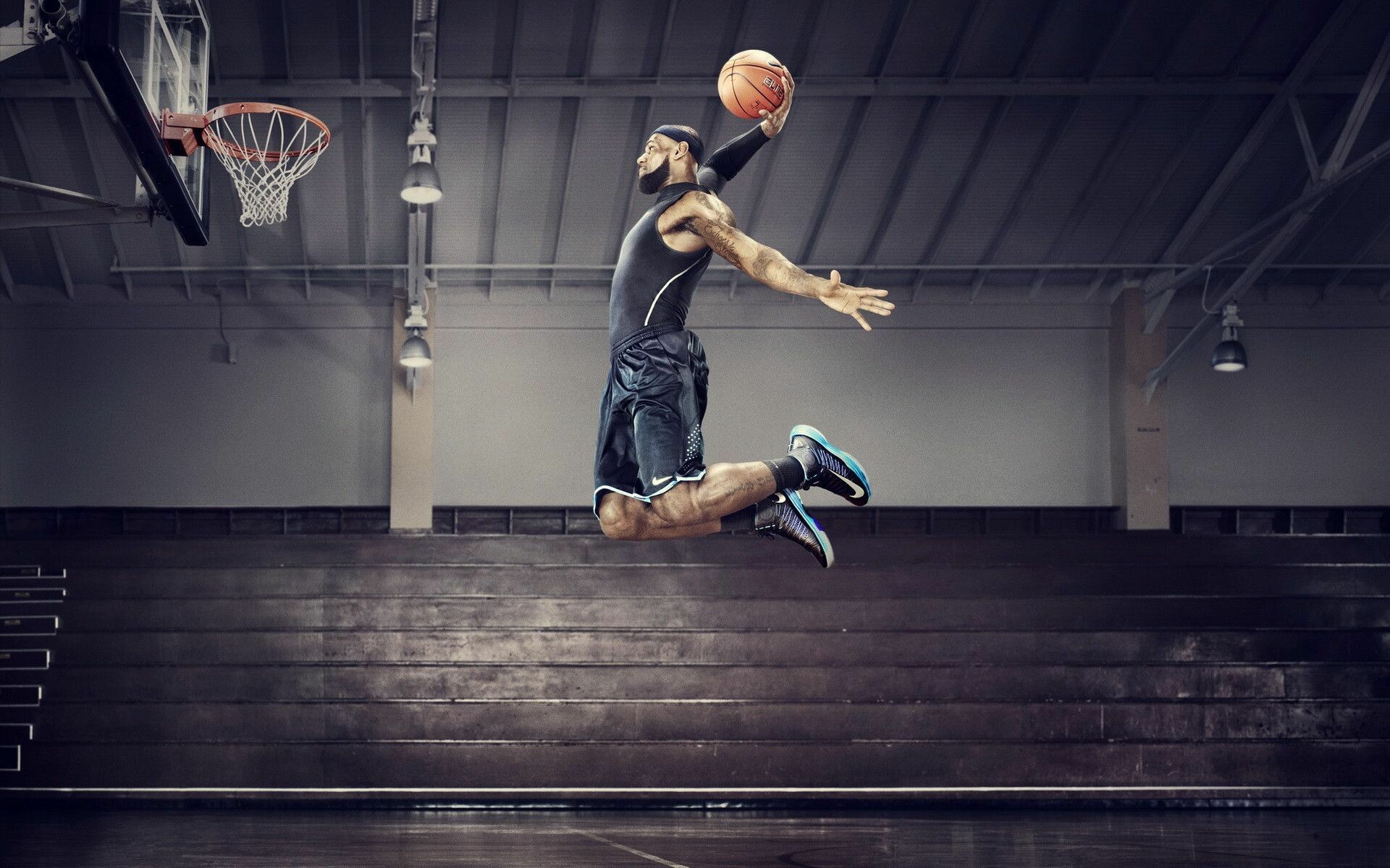 LeBron James dunking, Basketball hoop rim, Empty gym bleachers LeBron James dunking, Basketball hoop rim, Empty gym bleachers — 1920×1200 HD wallpaper