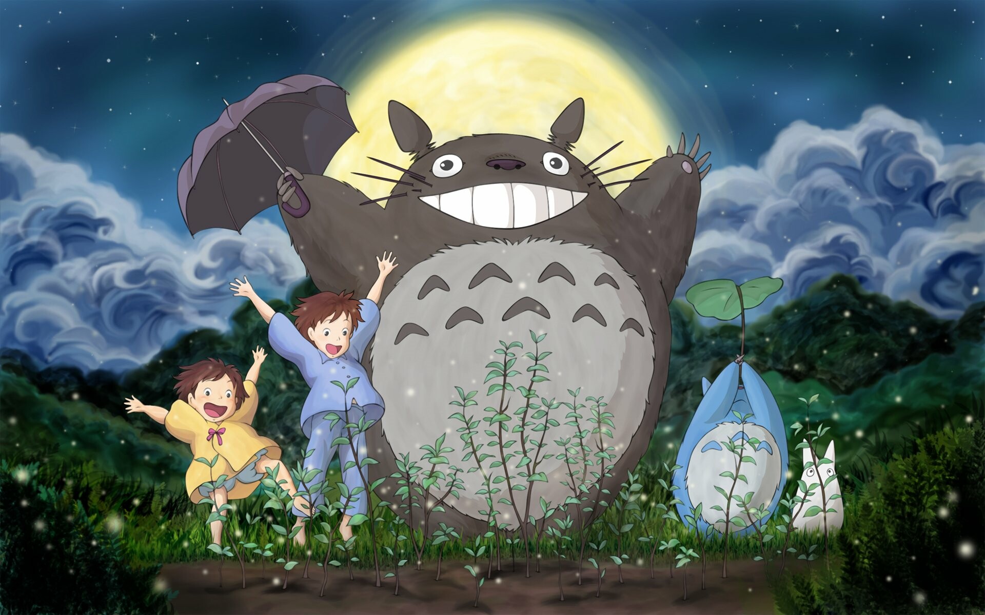 Totoro cheering, Mei Kusakabe, Satsuki Kusakabe, Full moon night — 1920×1200 HD wallpaper