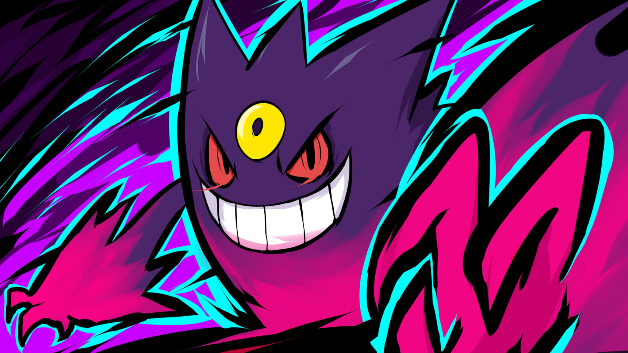 Mega Gengar, Graffiti pop art, Neon magenta cyan Mega Gengar, Graffiti pop art, Neon magenta cyan — 2048×1152 HD wallpaper