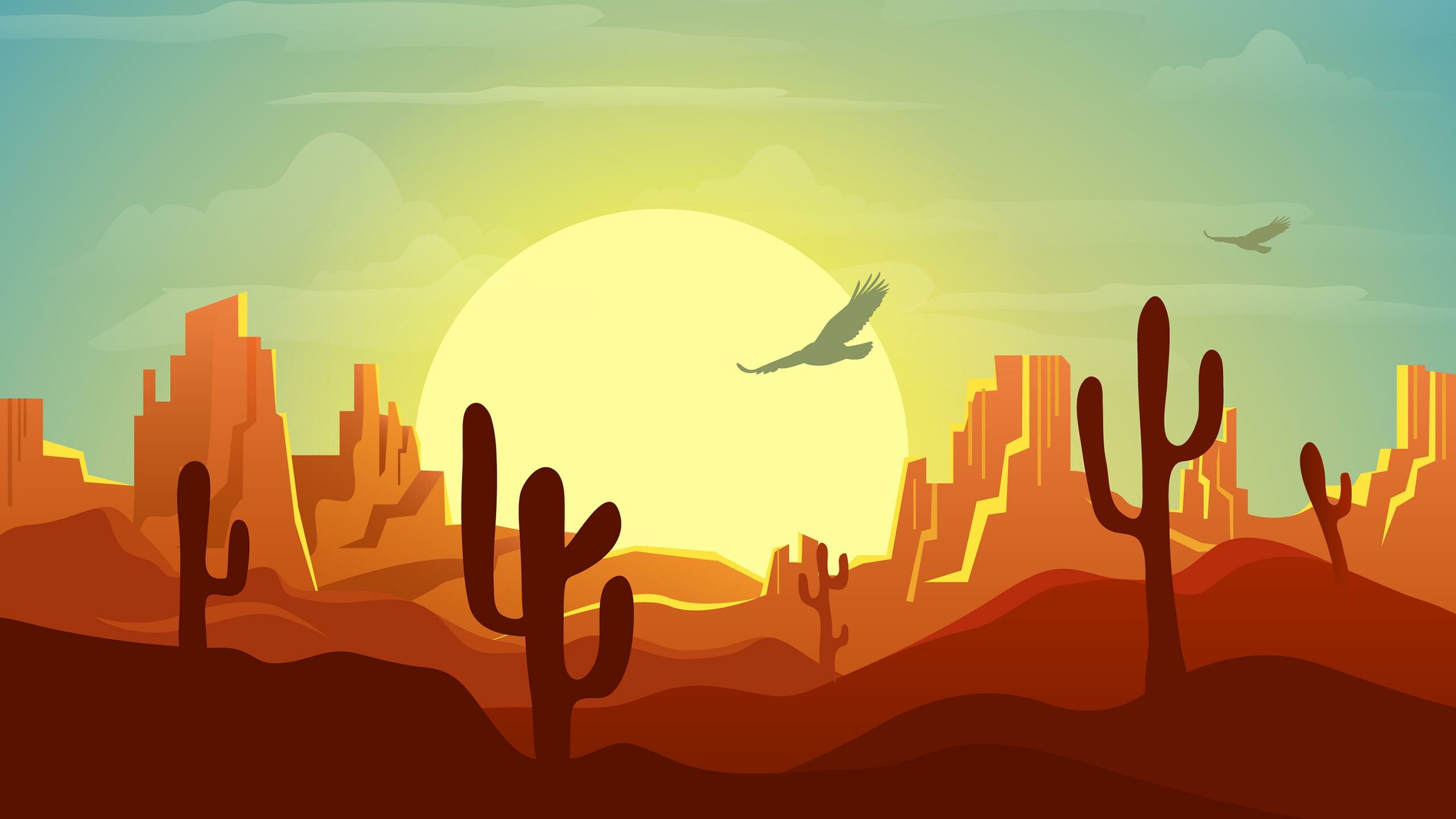 Saguaro cactus silhouettes, Eagles over mesa, Desert sunset illustration Saguaro cactus silhouettes, Eagles over mesa, Desert sunset illustration — 2559×1440 HD wallpaper